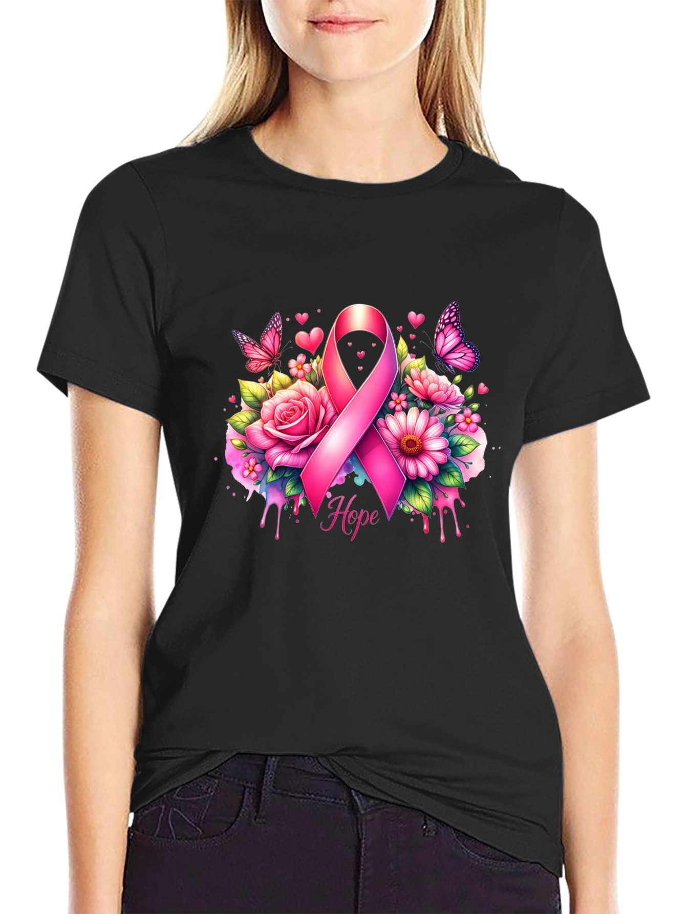 Breast Cancer Awareness T-Shirt with Pink Ribbon and Flowers