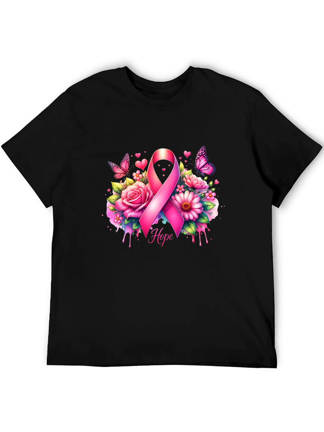 Breast Cancer Awareness T-Shirt with Pink Ribbon and Flowers