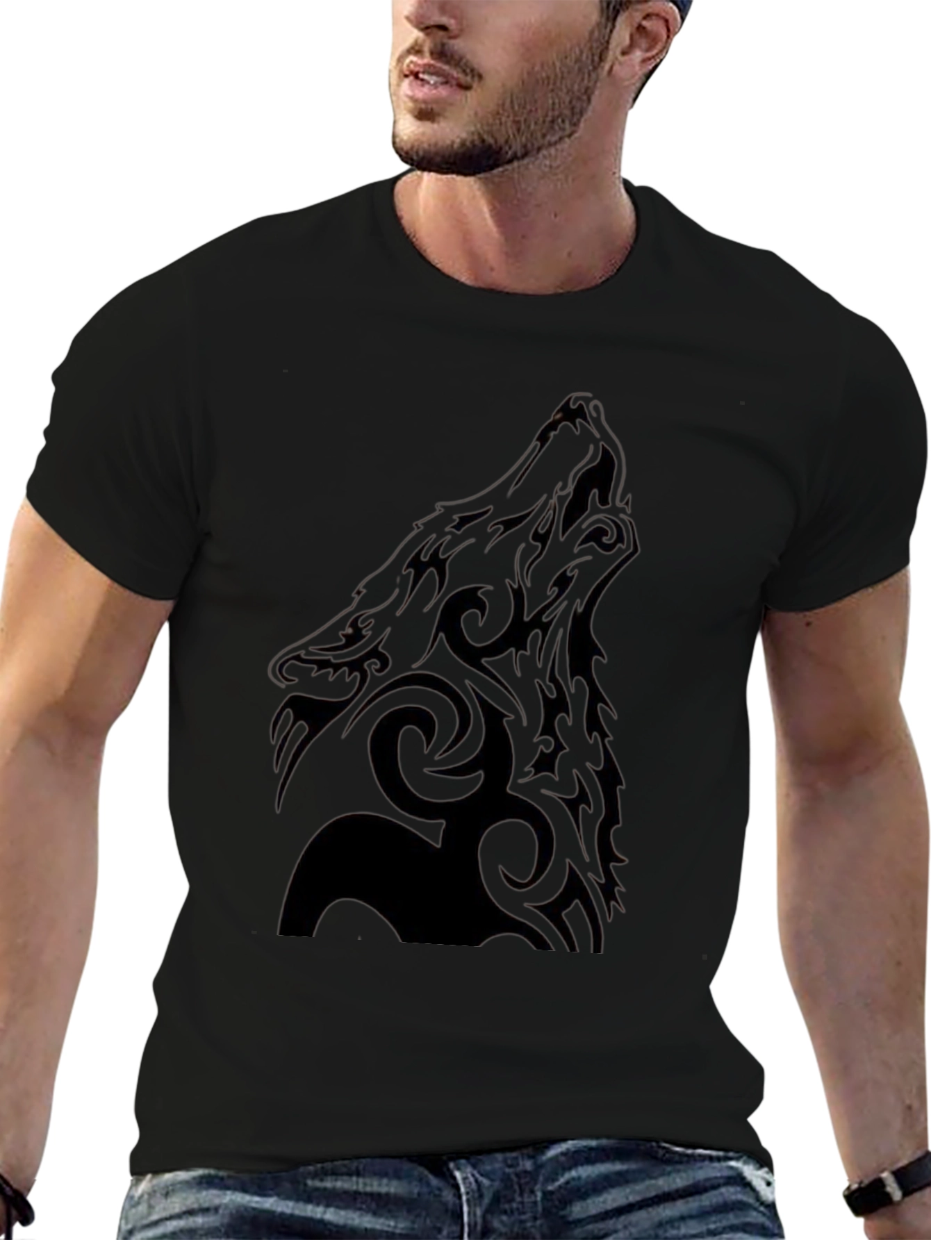 Tribal Wolf Graphic Black T-Shirt