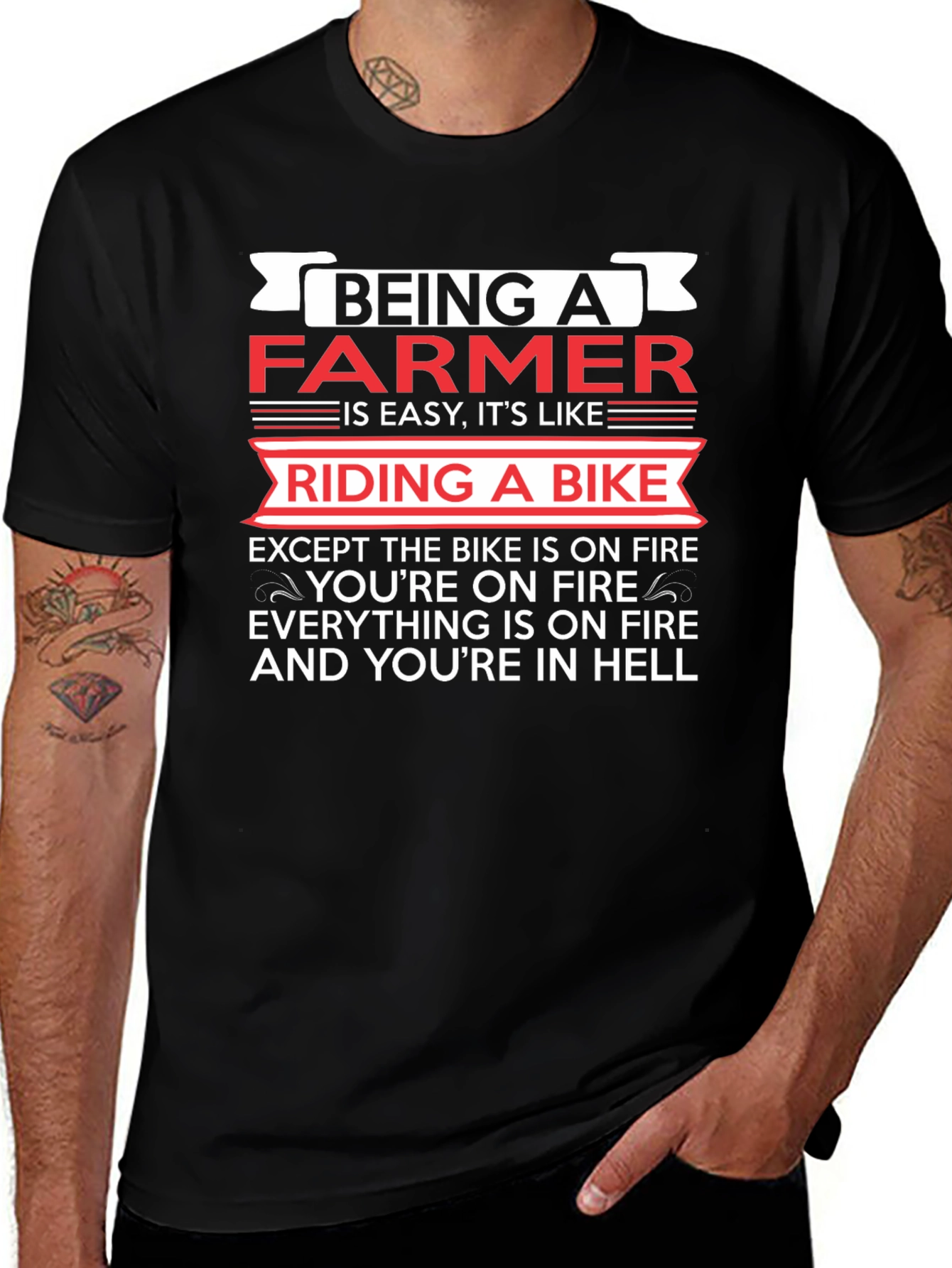 Funny Farmer T-Shirt: Riding a Bike in Hell