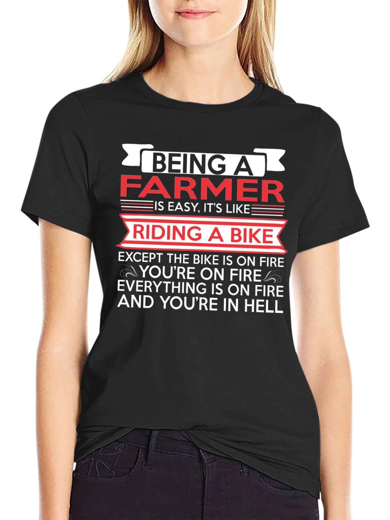 Funny Farmer T-Shirt: Riding a Bike in Hell