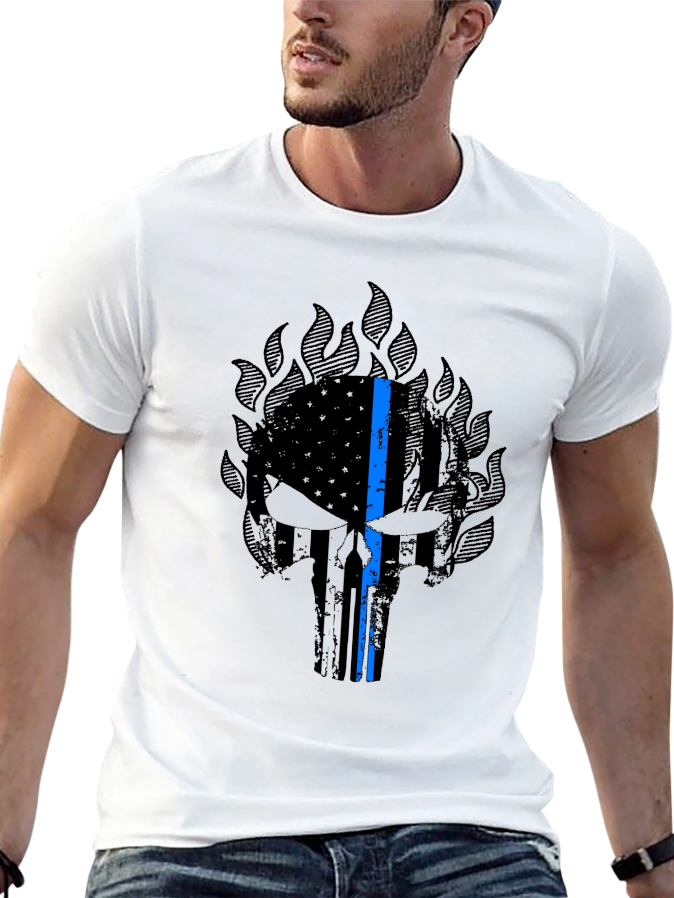Thin Blue Line Punisher Skull Graphic T-Shirt