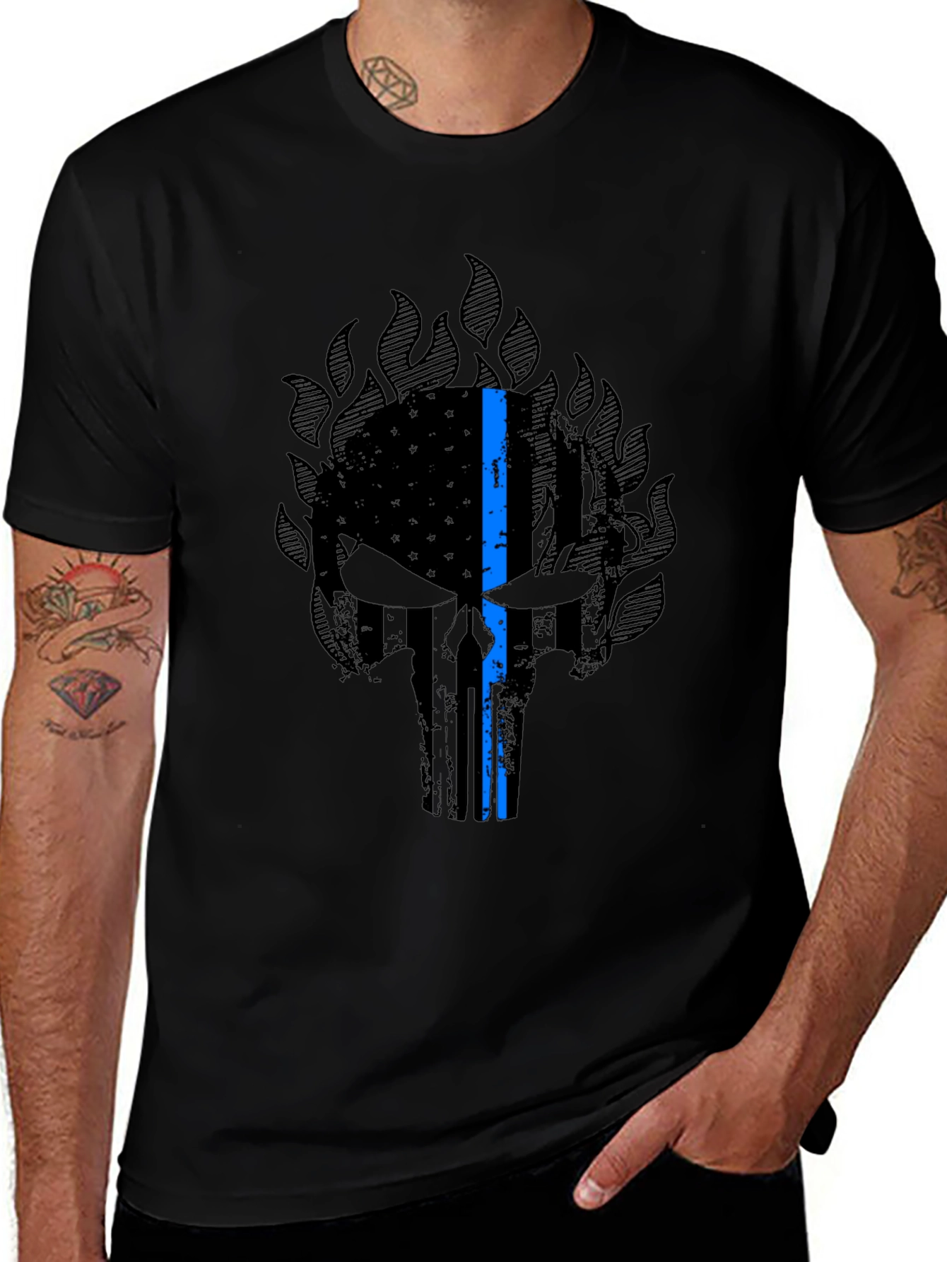 Thin Blue Line Punisher Skull Graphic T-Shirt