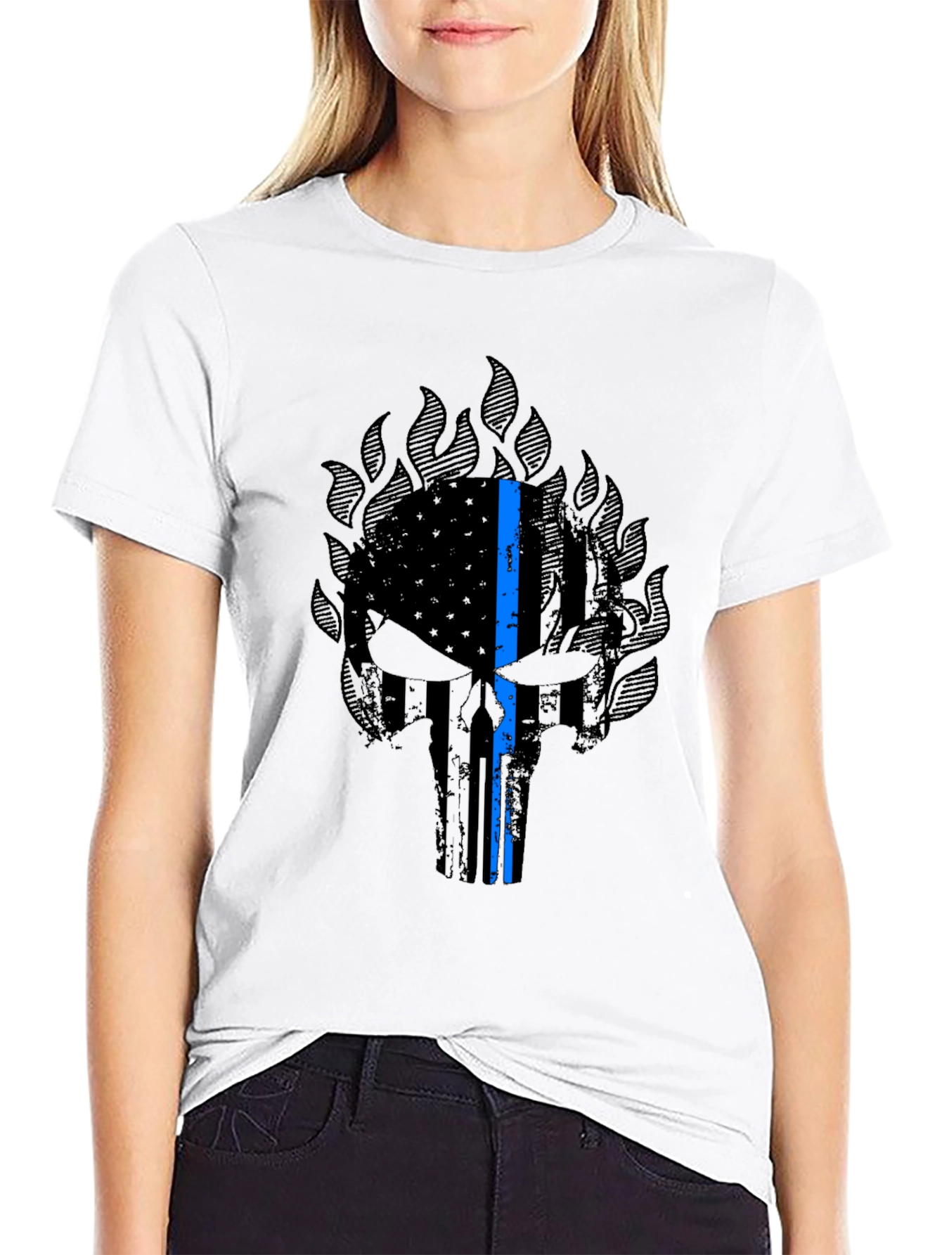 Thin Blue Line Punisher Skull Graphic T-Shirt