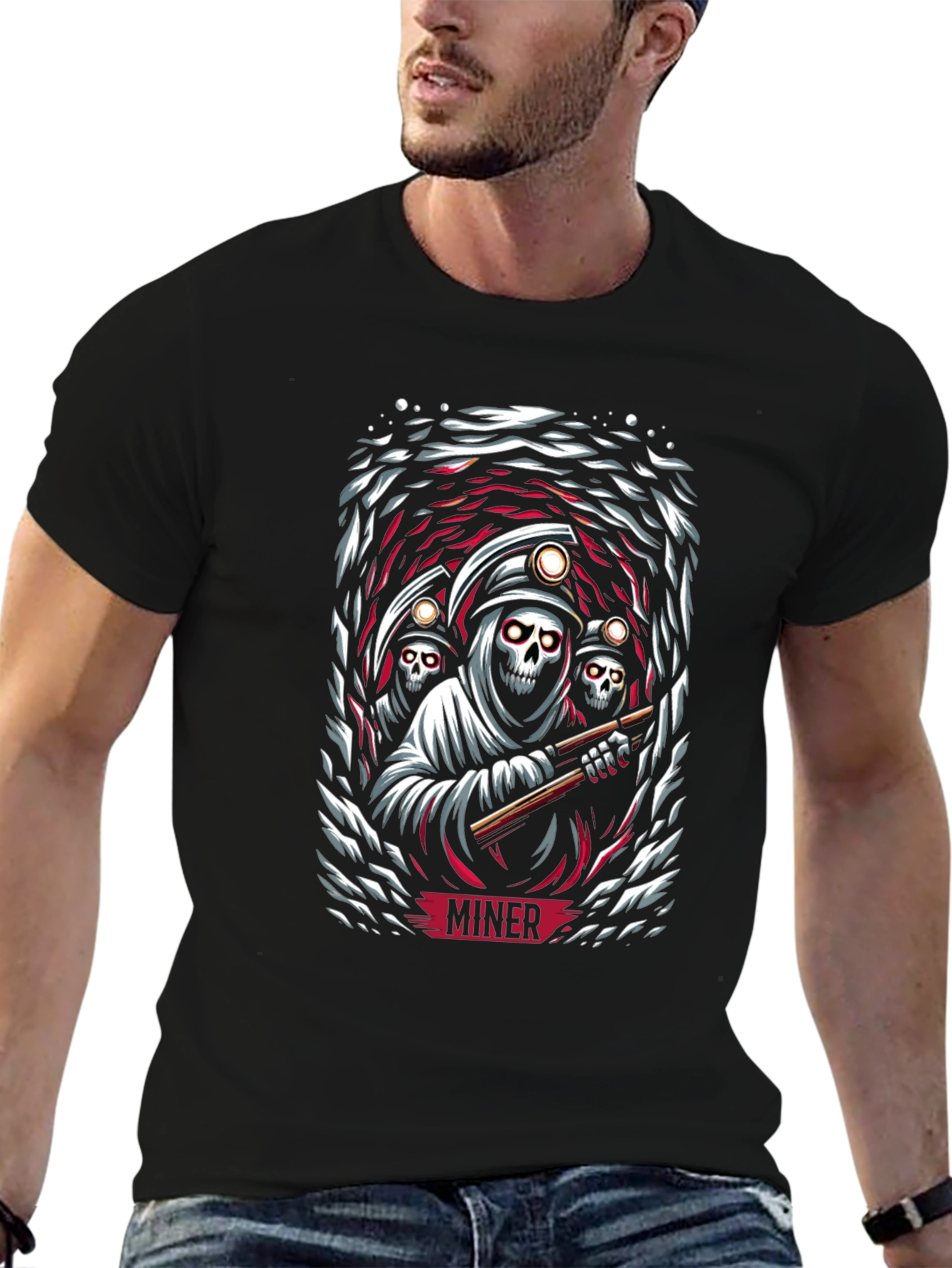 Miner Grim Reaper Graphic Print Black T-Shirt