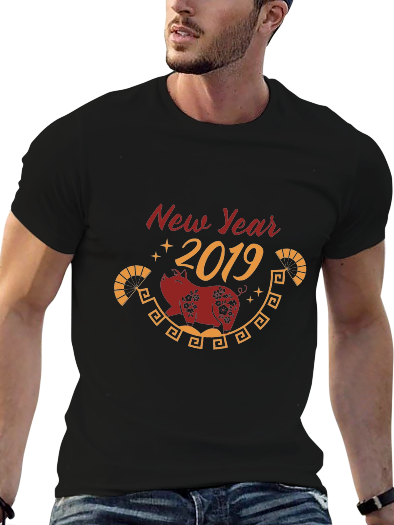 New Year 2019 Pig Graphic Black T-Shirt
