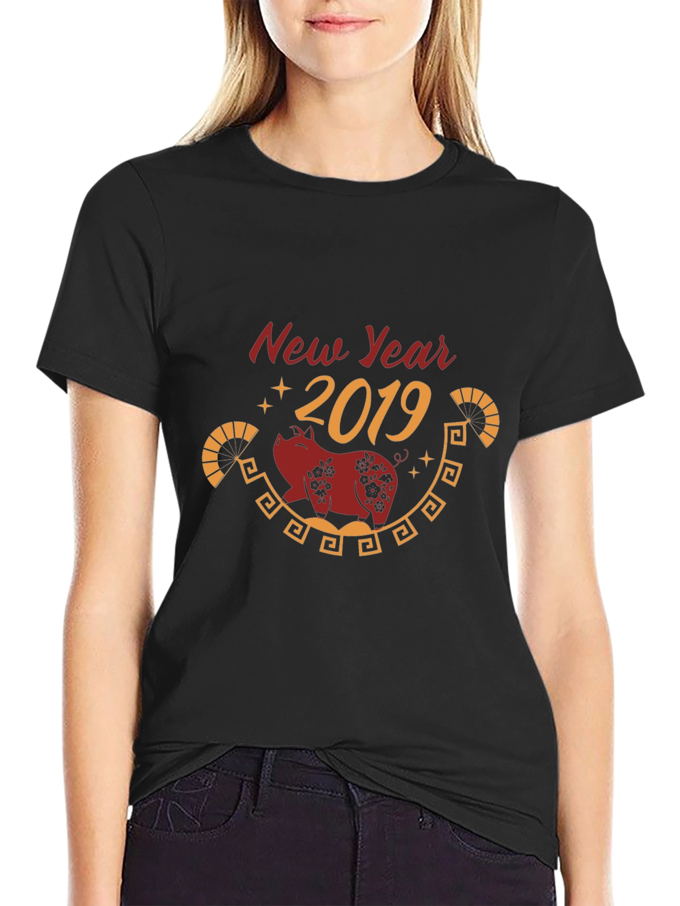 New Year 2019 Pig Graphic Black T-Shirt