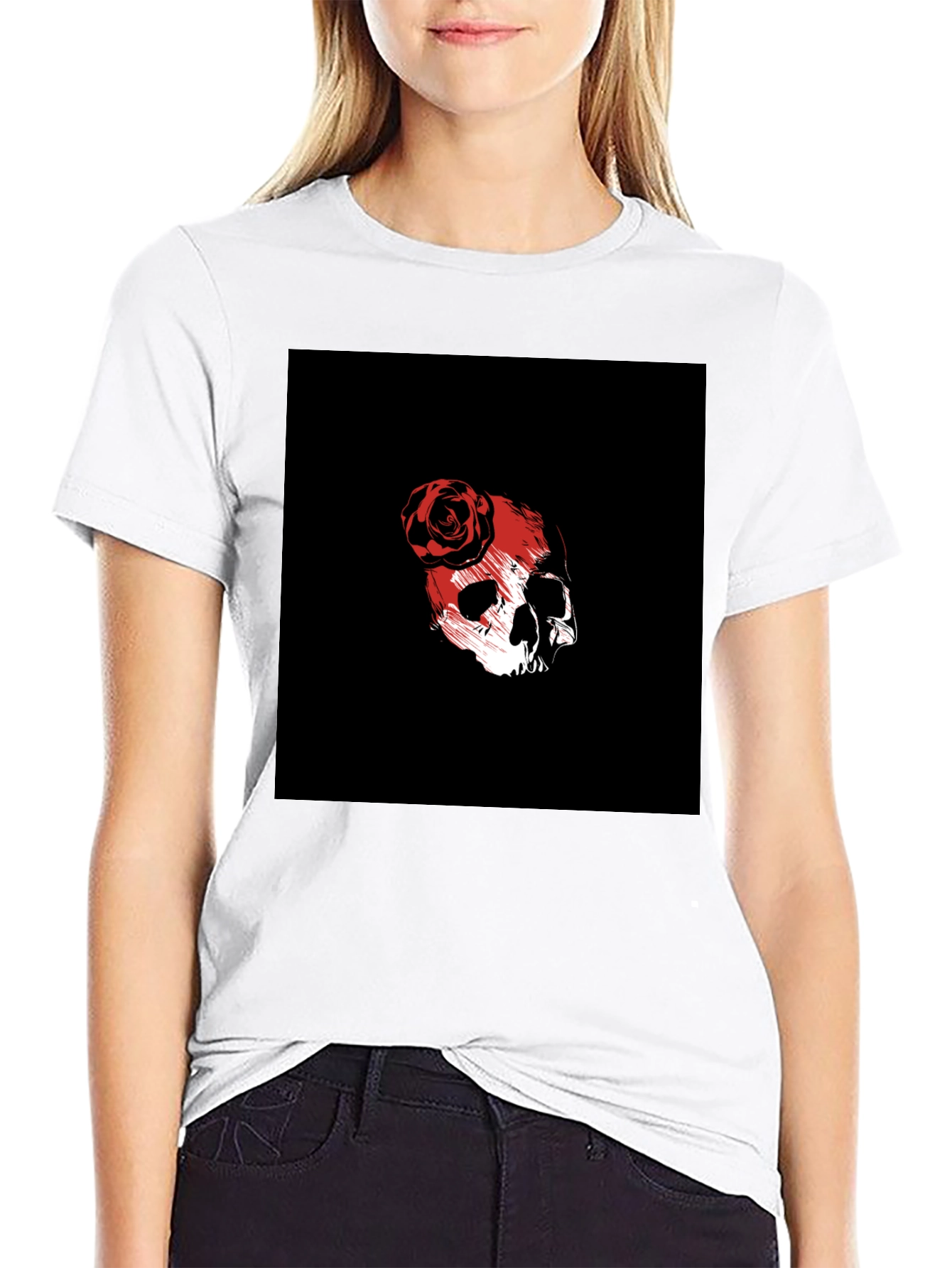 Skull & Rose Graphic Tee - Black Cotton Blend