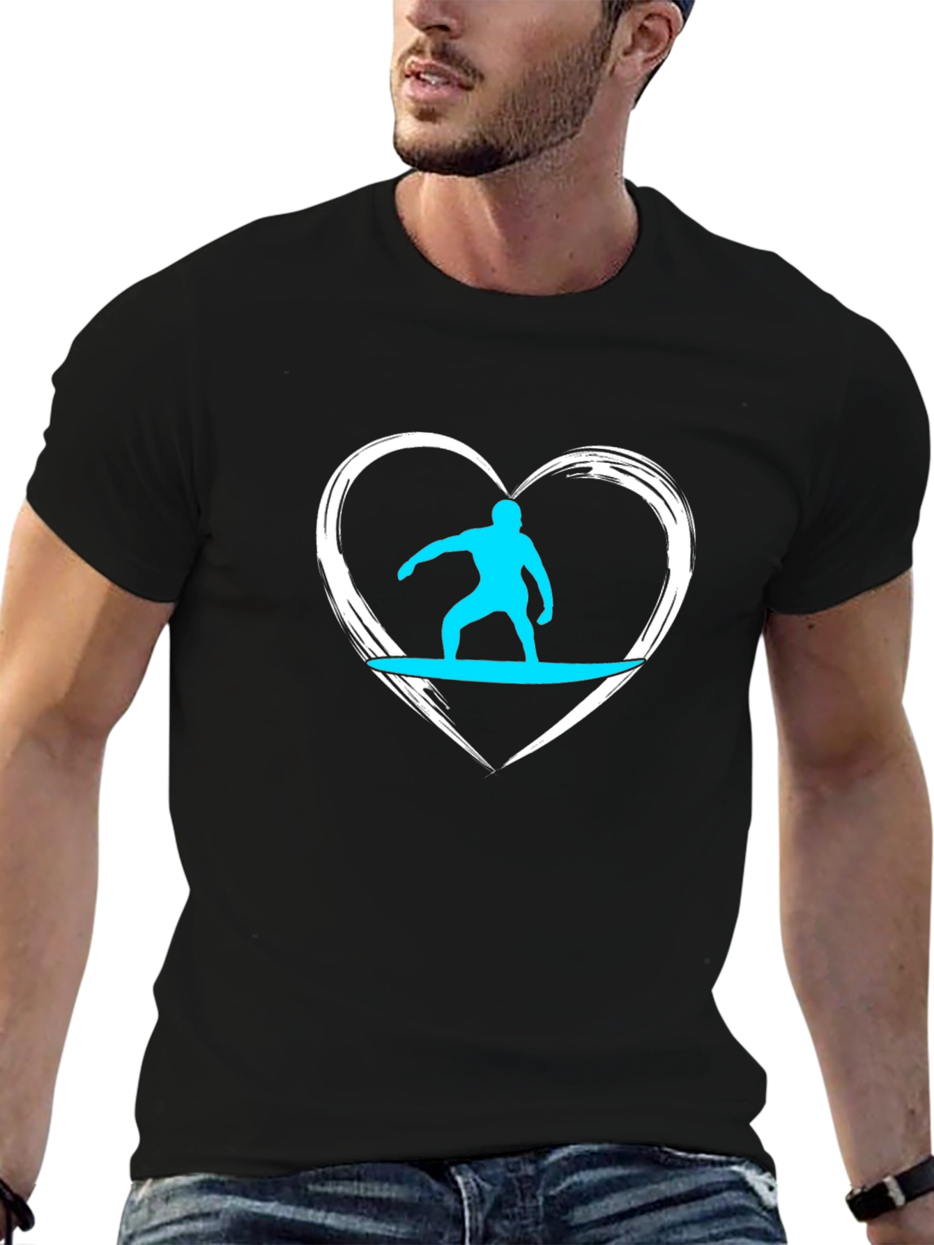 Surfer Heart Graphic Tee - Black Cotton Casual T-Shirt