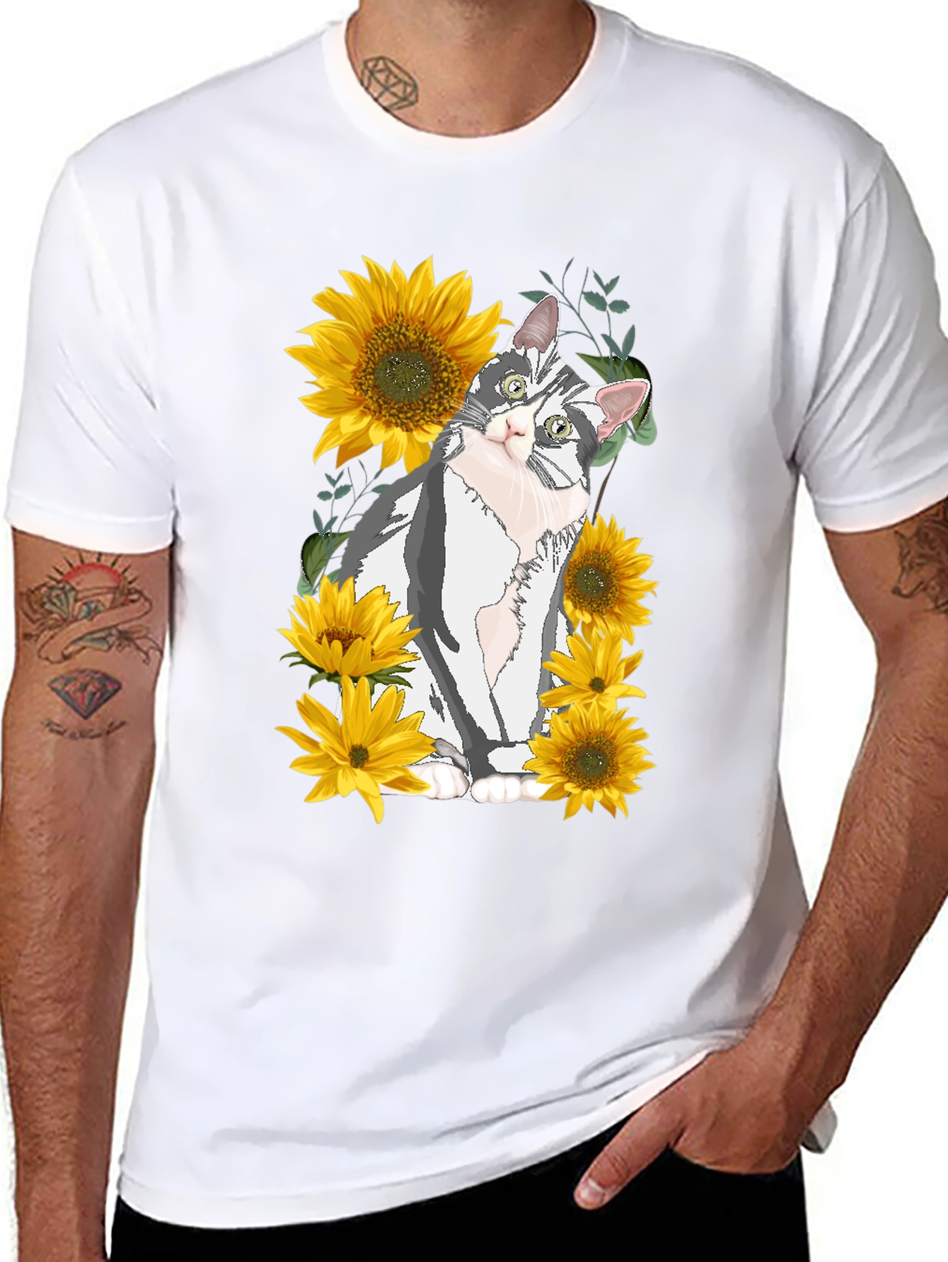 Cat & Sunflower Graphic Print T-Shirt