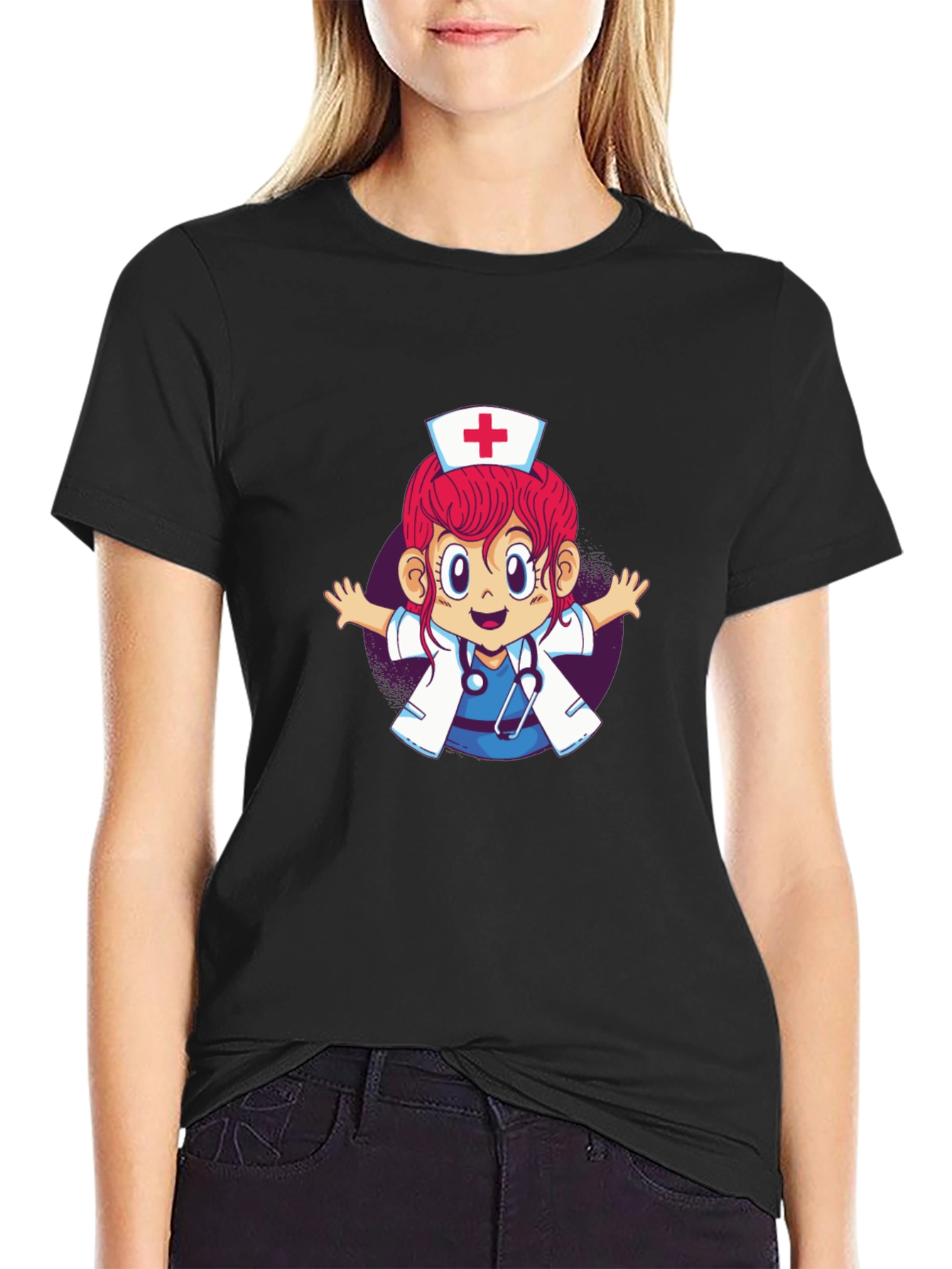 Cartoon Nurse Graphic T-Shirt - Black