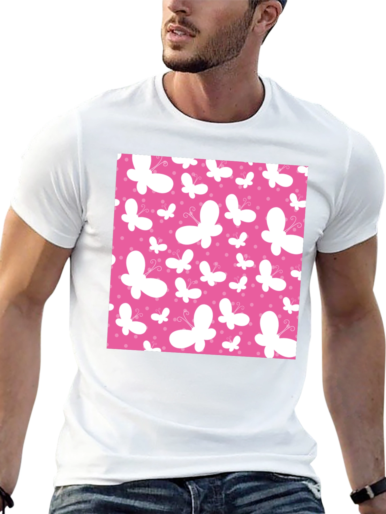 Pink Butterfly Pattern Black T-Shirt