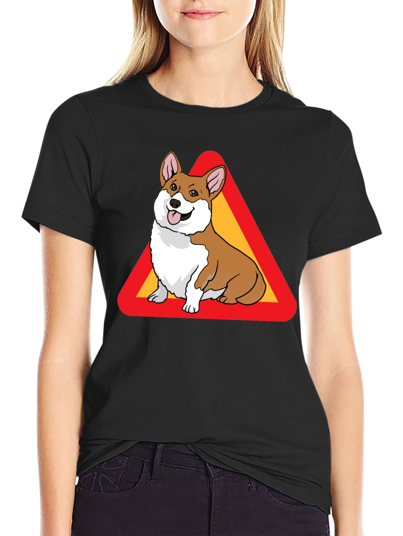 Corgi Warning Sign Black T-Shirt