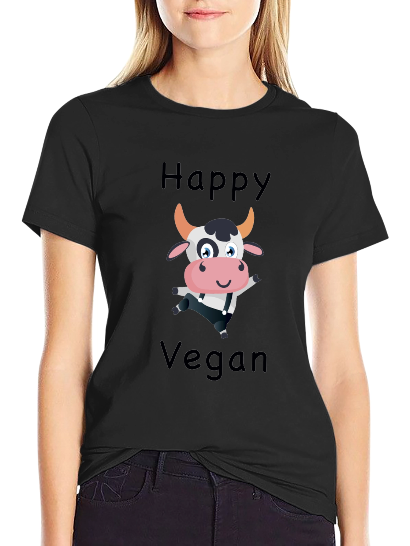 Happy Vegan Cartoon Cow Black T-Shirt