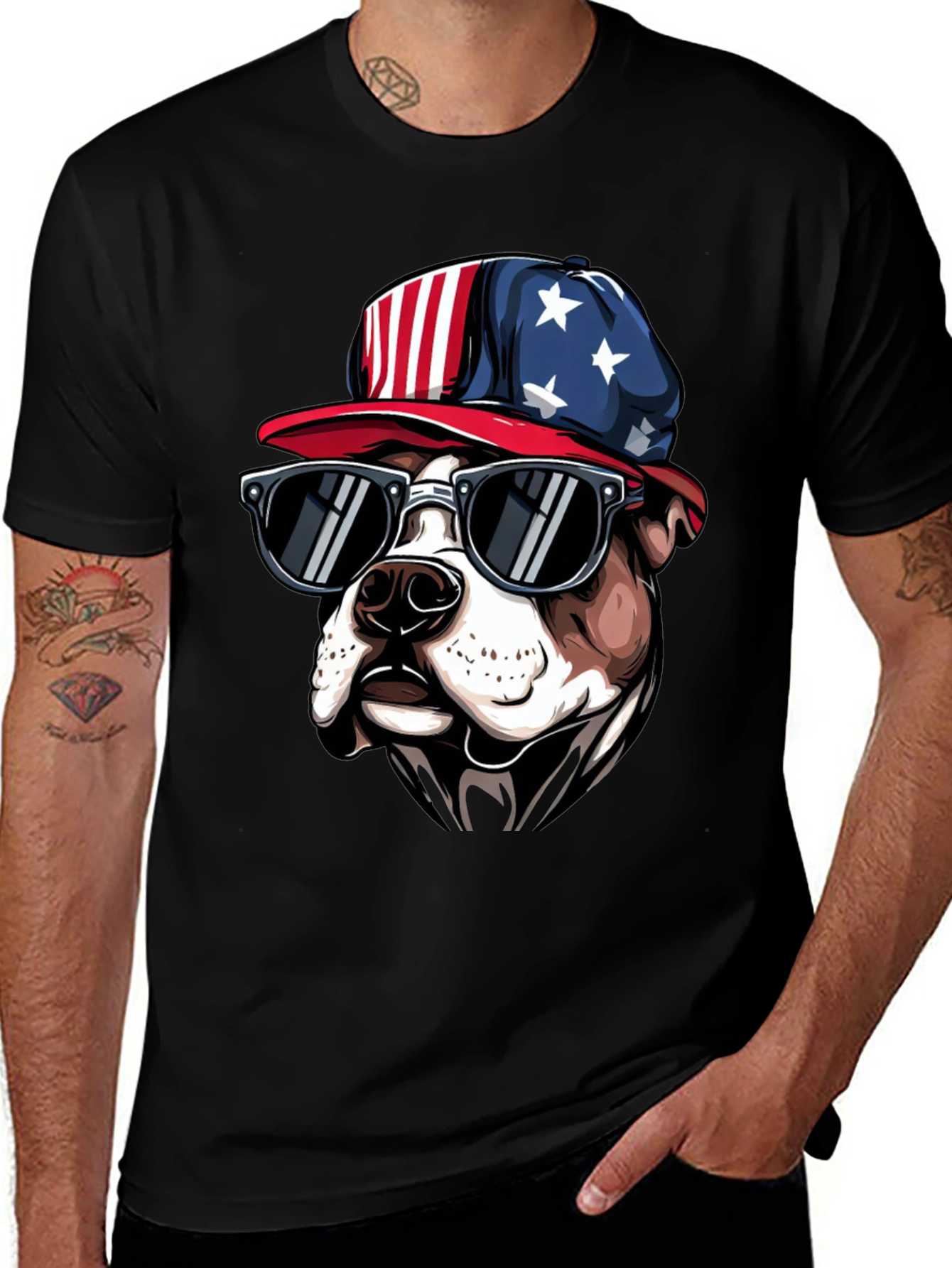 Patriotic Bulldog T-Shirt with Sunglasses