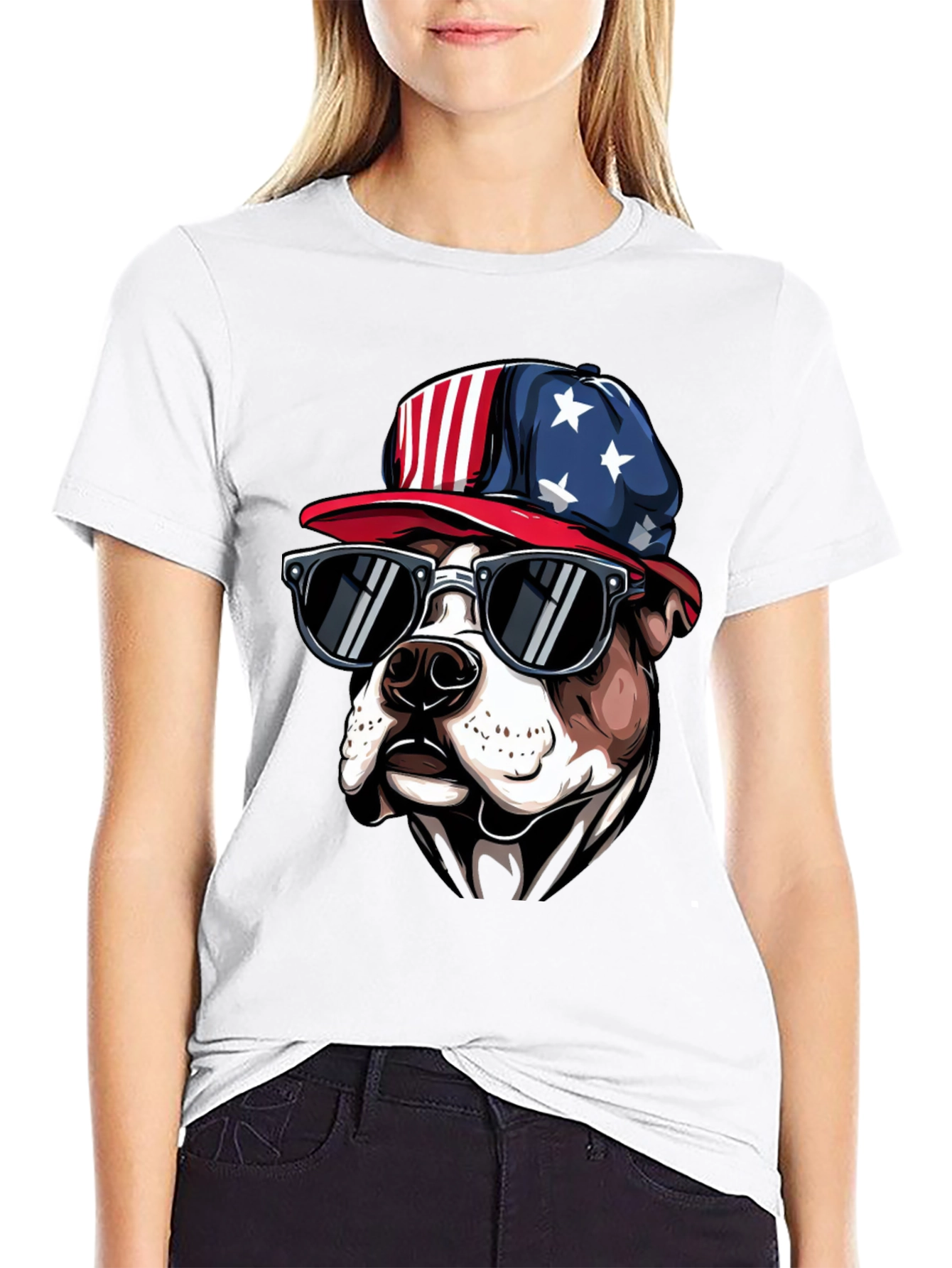 Patriotic Bulldog T-Shirt with Sunglasses