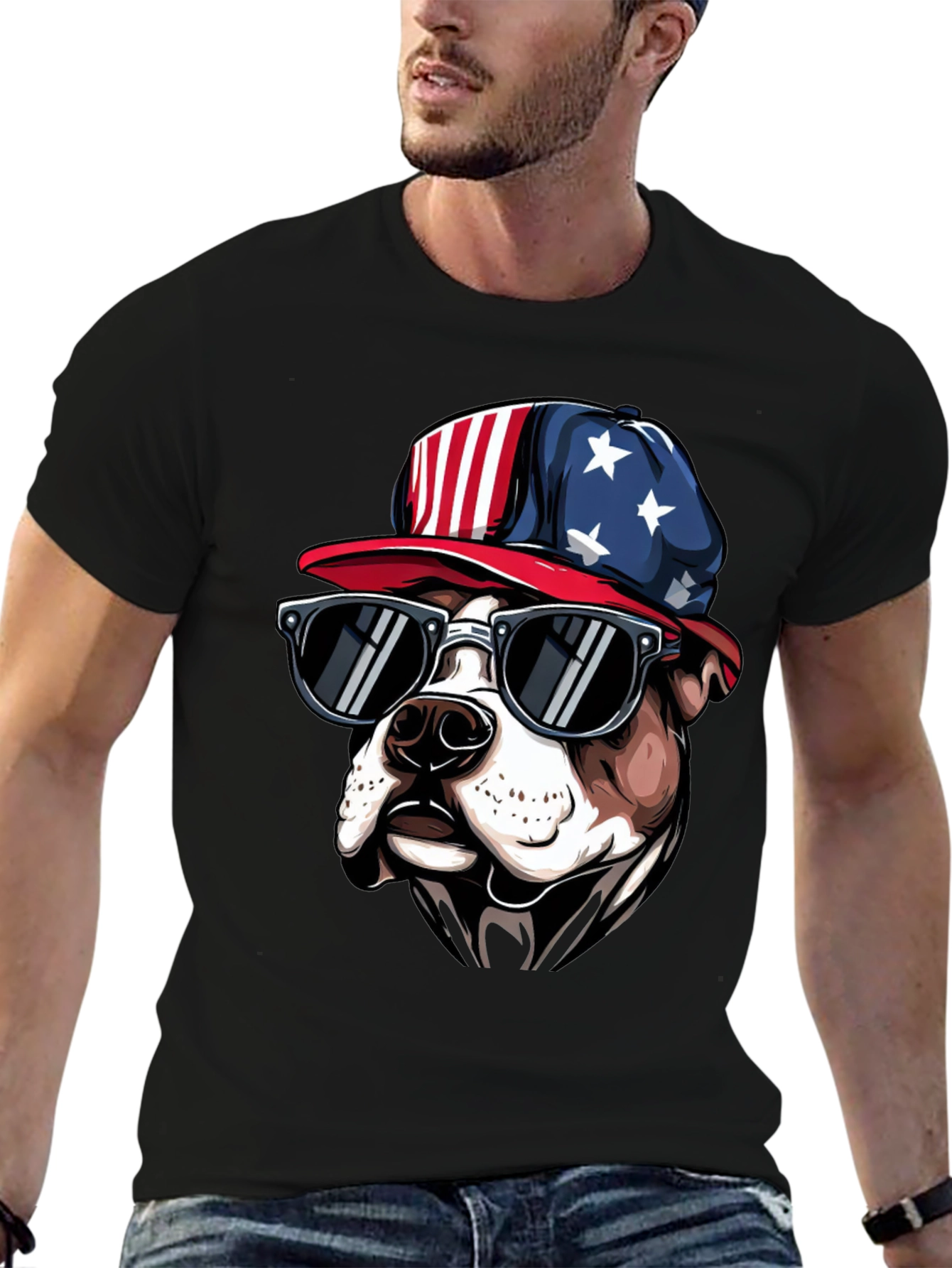 Patriotic Bulldog T-Shirt with Sunglasses