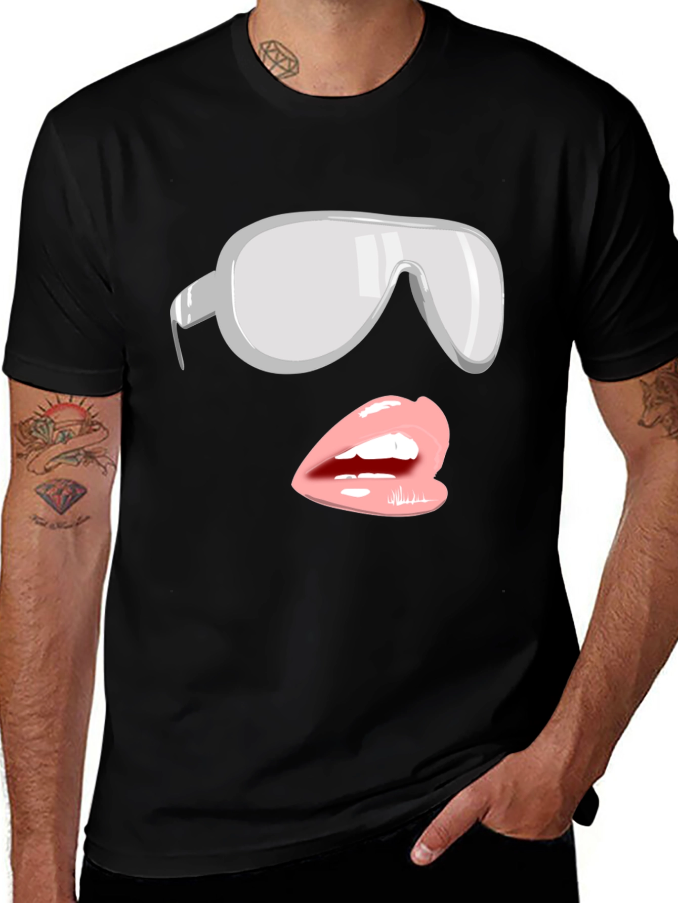 Sunglasses & Lips Graphic Tee - Stylish Black T-Shirt