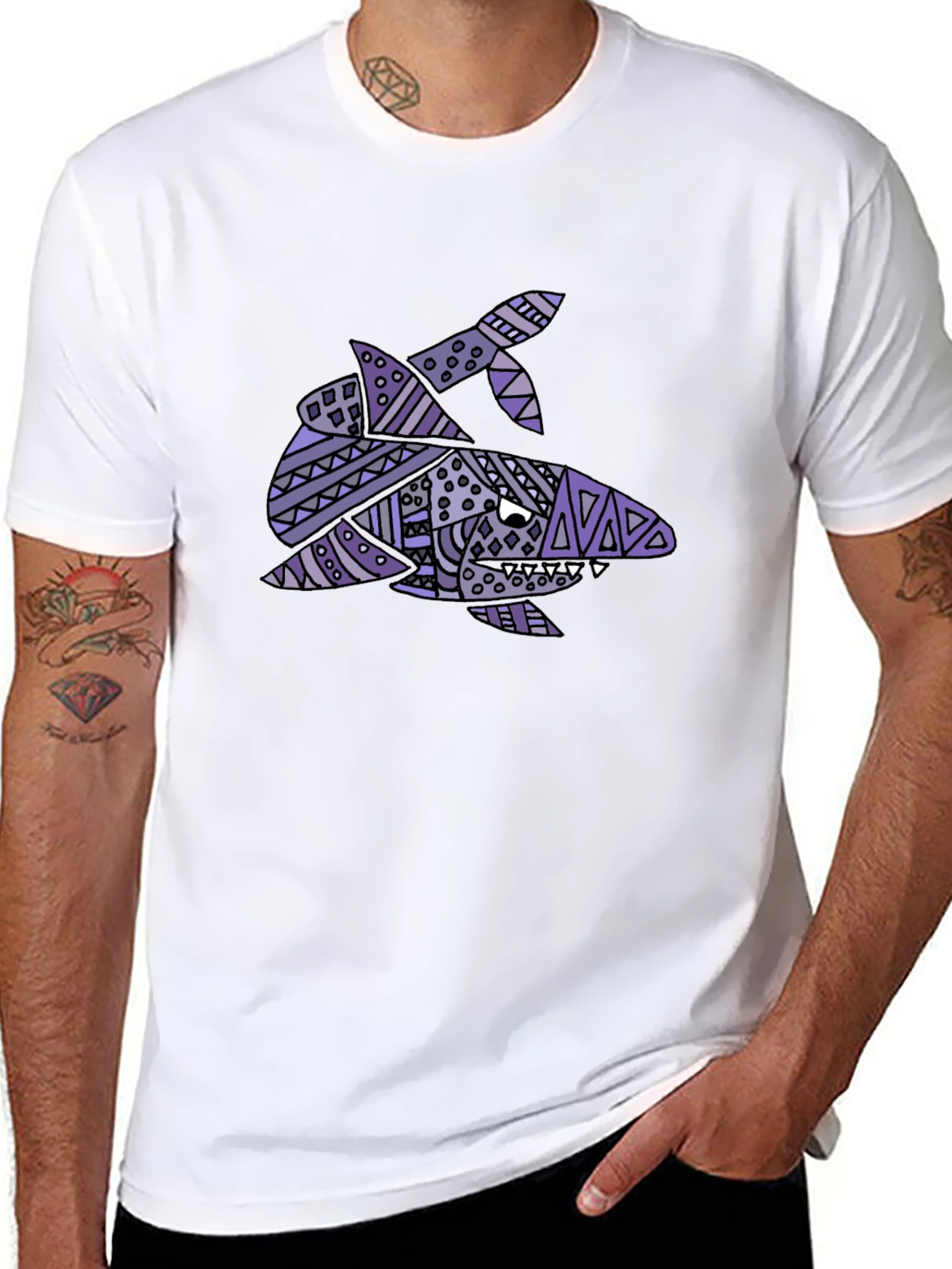 Tribal Shark Graphic Tee - Black Cotton T-Shirt