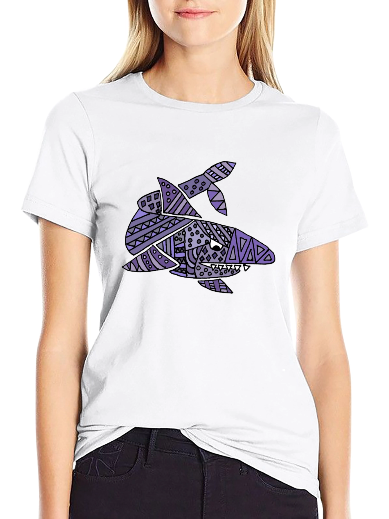 Tribal Shark Graphic Tee - Black Cotton T-Shirt