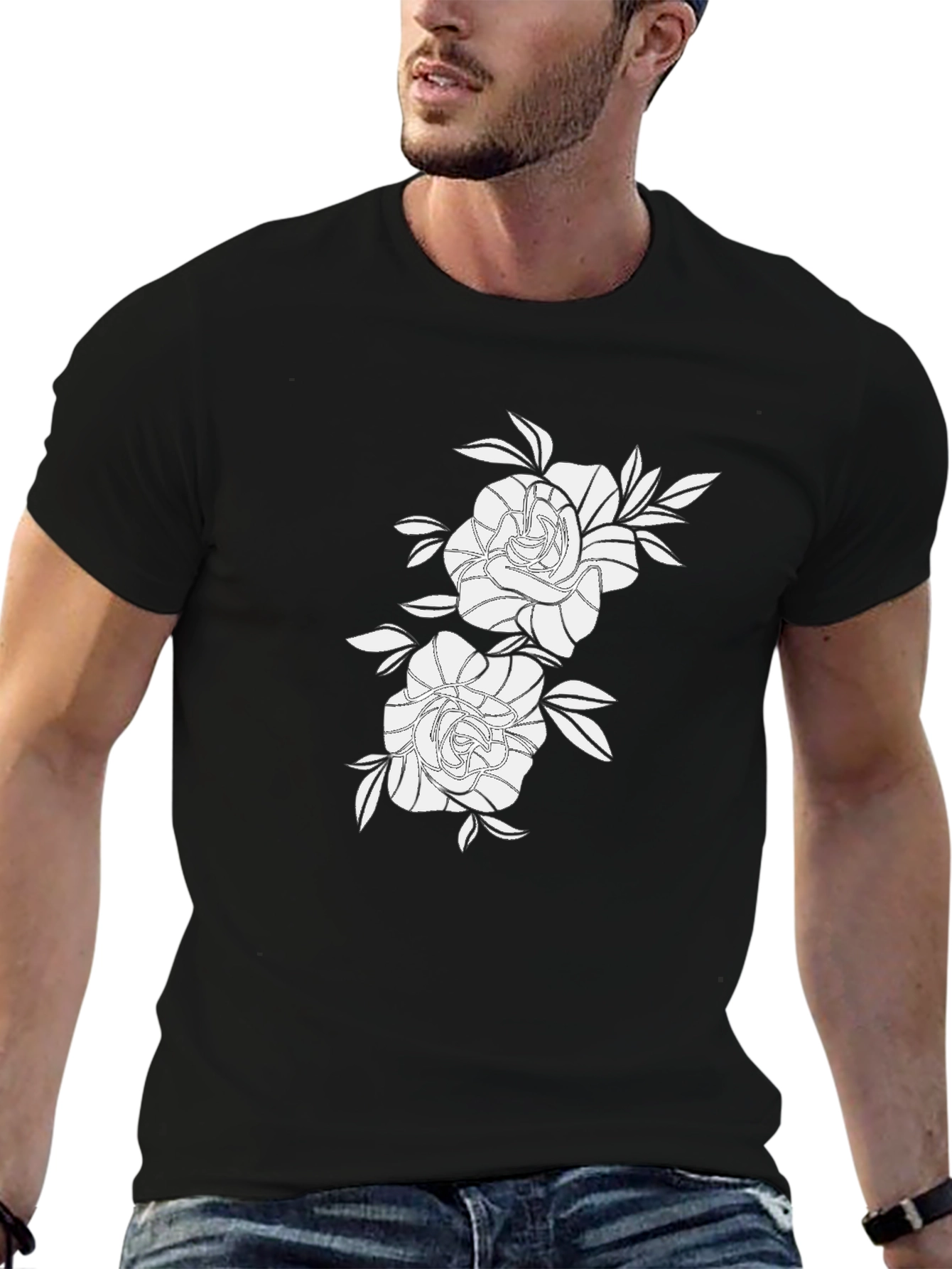 Black Graphic Tee with Floral Rose Design