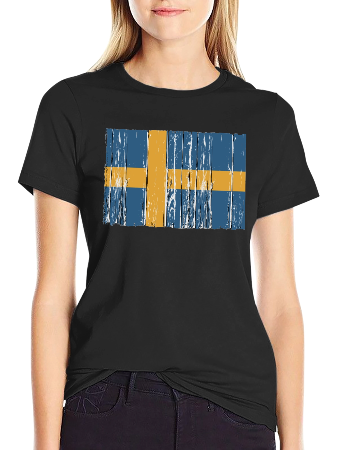 Swedish Flag Graphic Tee - Distressed Wood Style