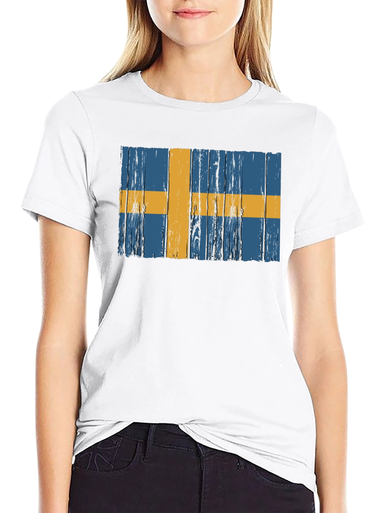 Swedish Flag Graphic Tee - Distressed Wood Style