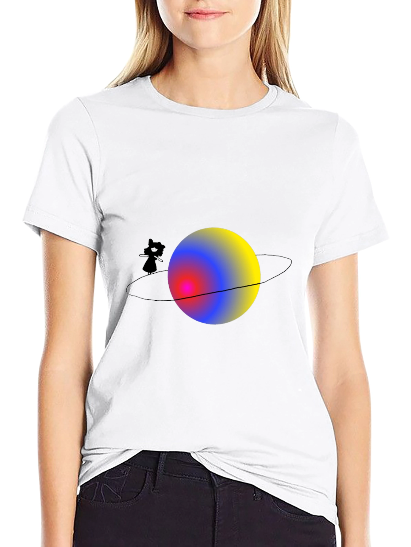 Cat on Saturn Graphic Black T-Shirt
