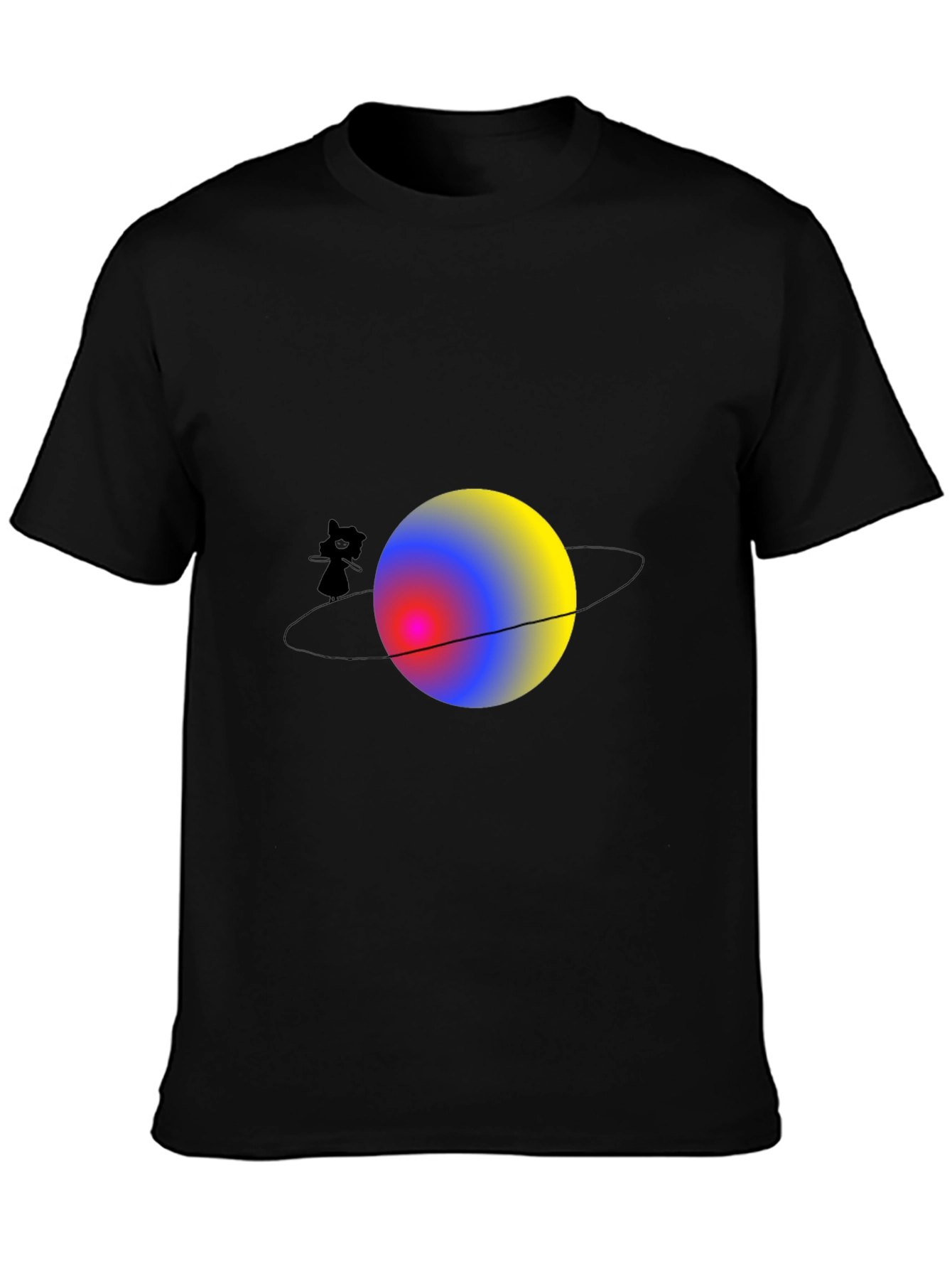 Cat on Saturn Graphic Black T-Shirt