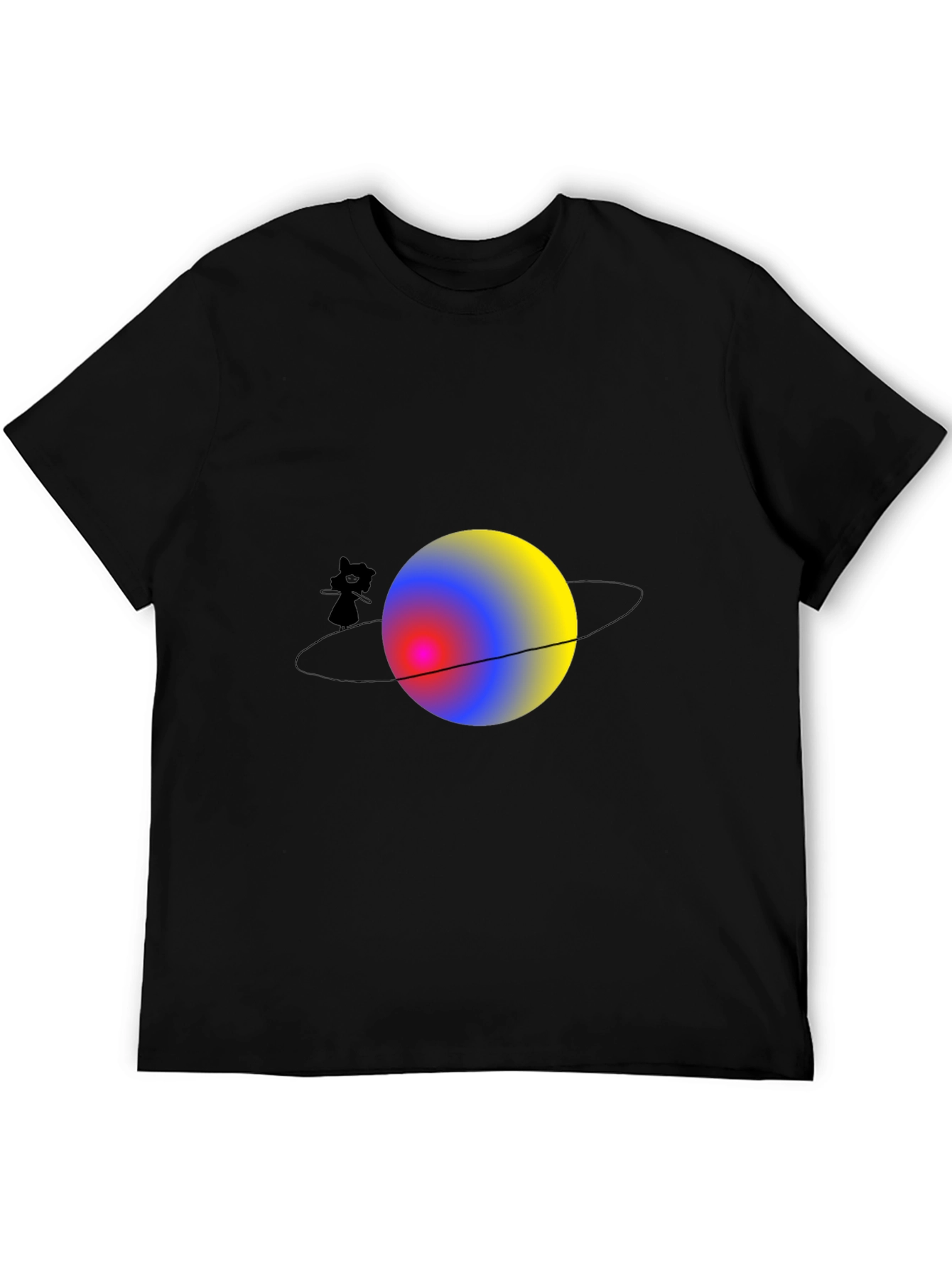 Cat on Saturn Graphic Black T-Shirt