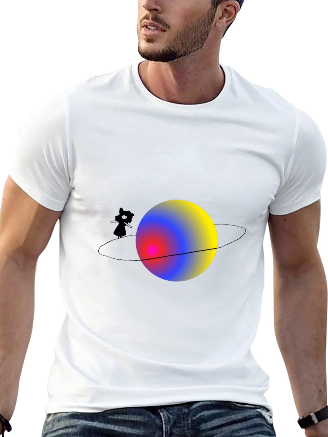 Cat on Saturn Graphic Black T-Shirt