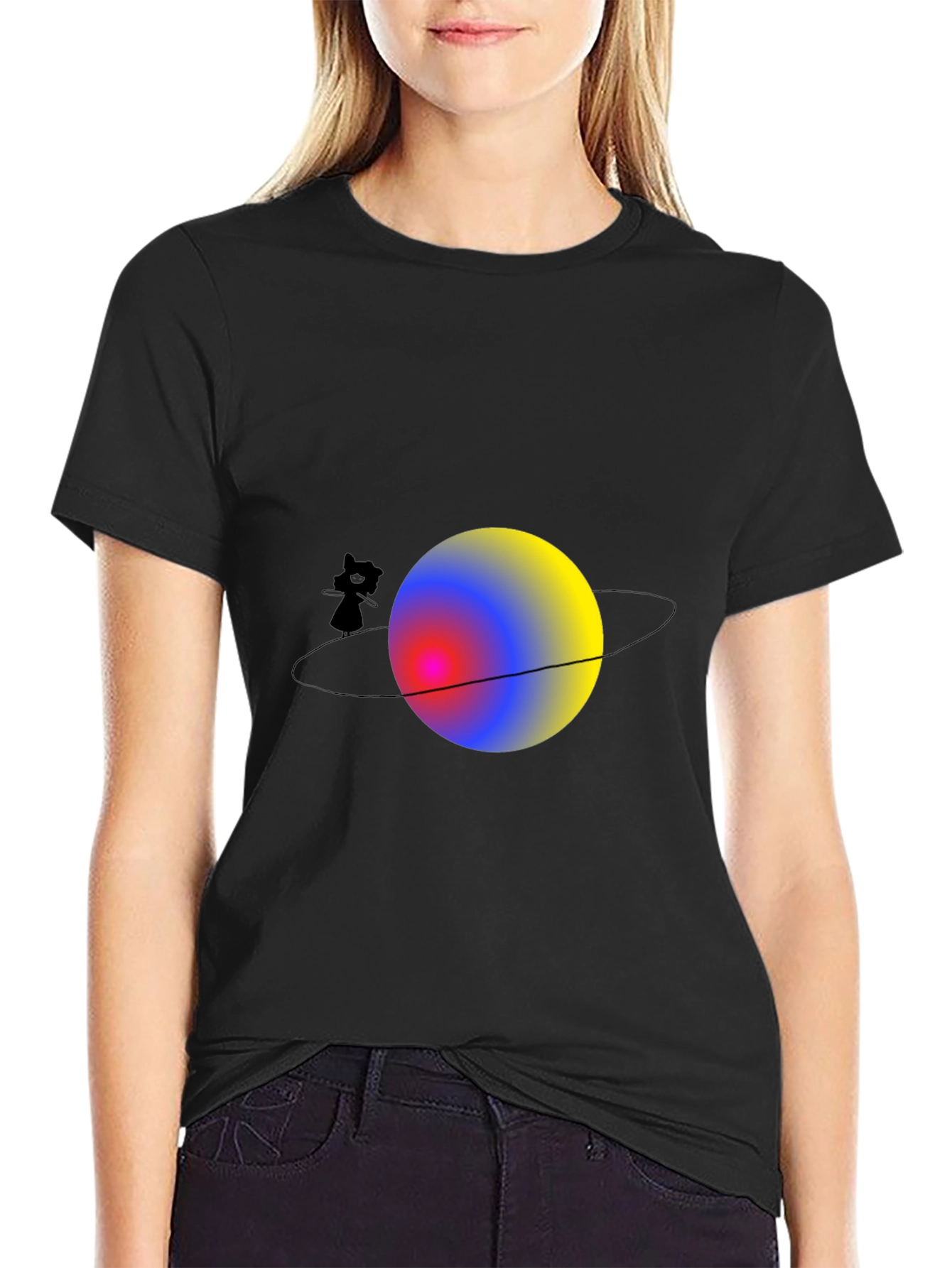 Cat on Saturn Graphic Black T-Shirt