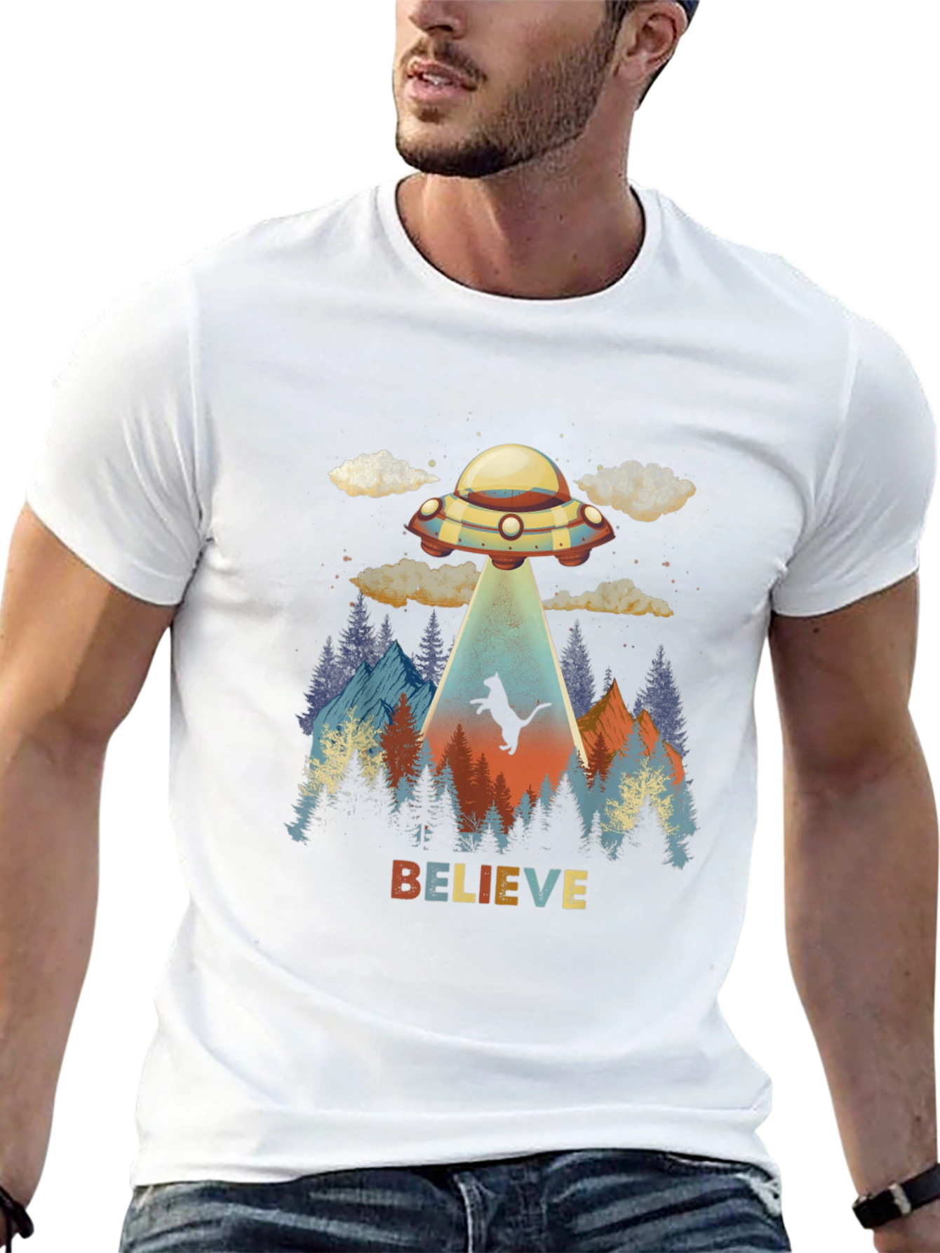 Believe Cat Abduction UFO Graphic T-Shirt