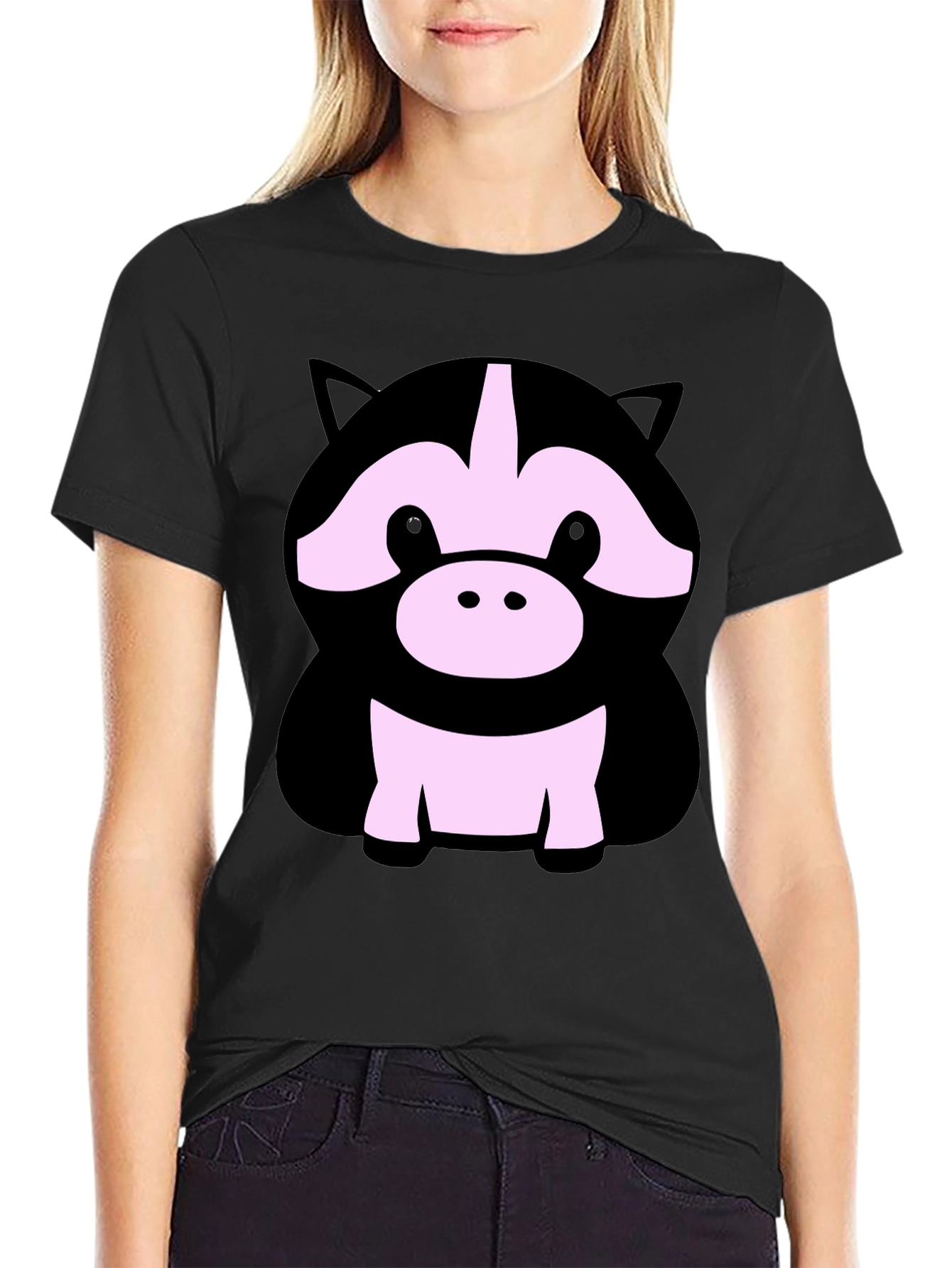 Cute Cartoon Animal Graphic Black T-Shirt