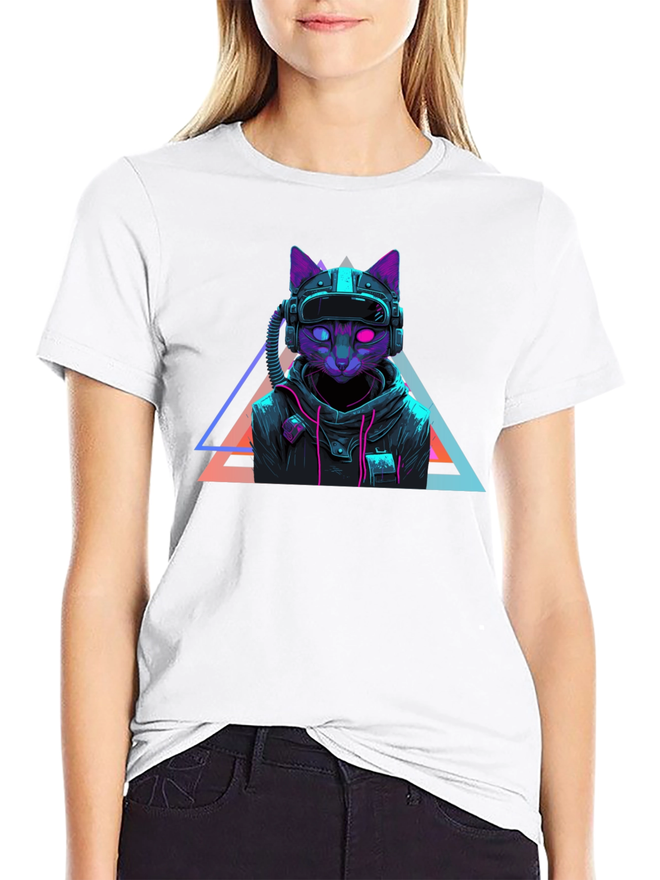 Cyberpunk Cat T-Shirt - Futuristic Neon Design