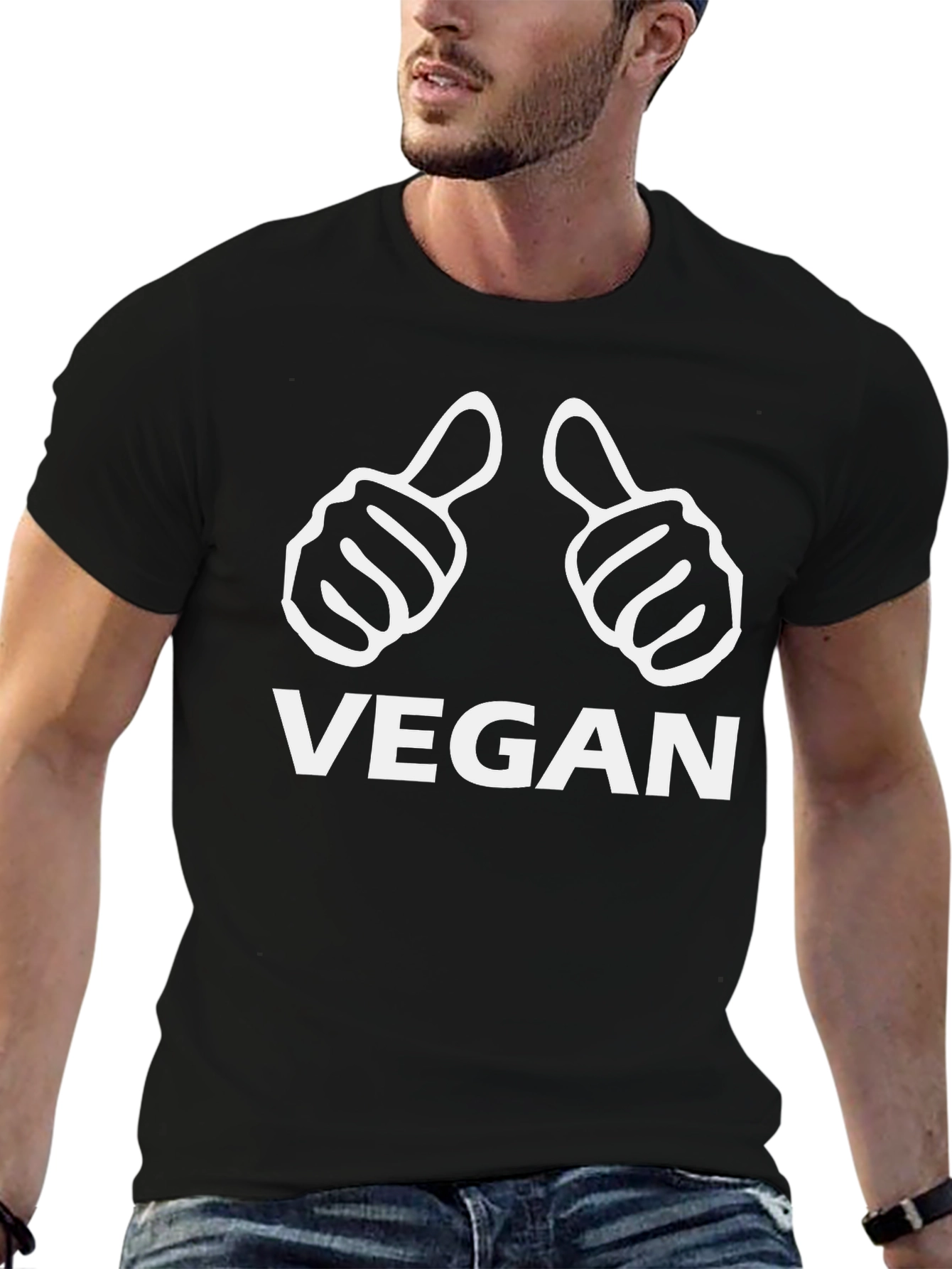 Vegan Thumbs Up Graphic Tee - Black Cotton T-Shirt