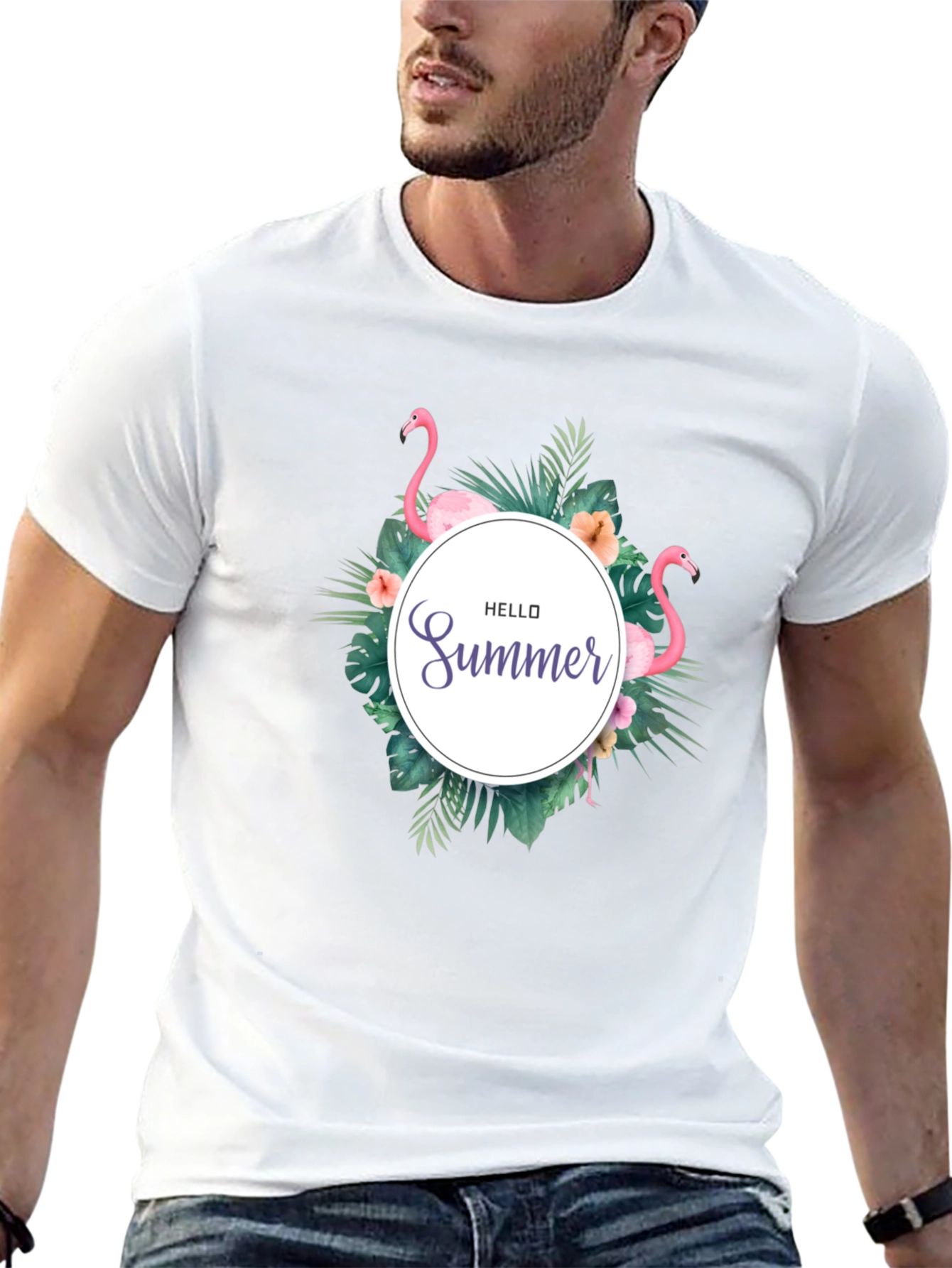 Tropical Flamingo Black T-Shirt - Hello Summer Design