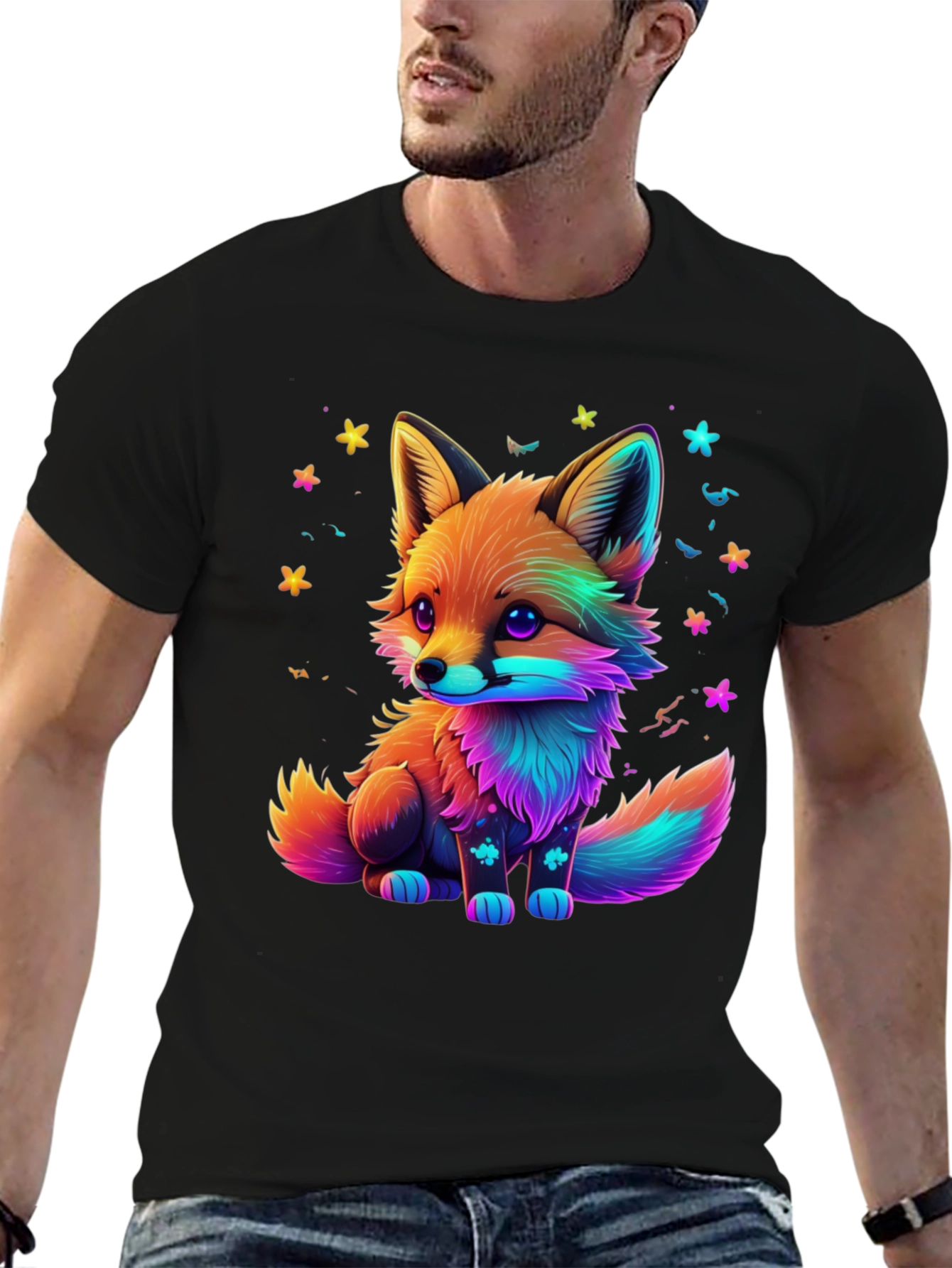 Rainbow Fox Graphic Black T-Shirt
