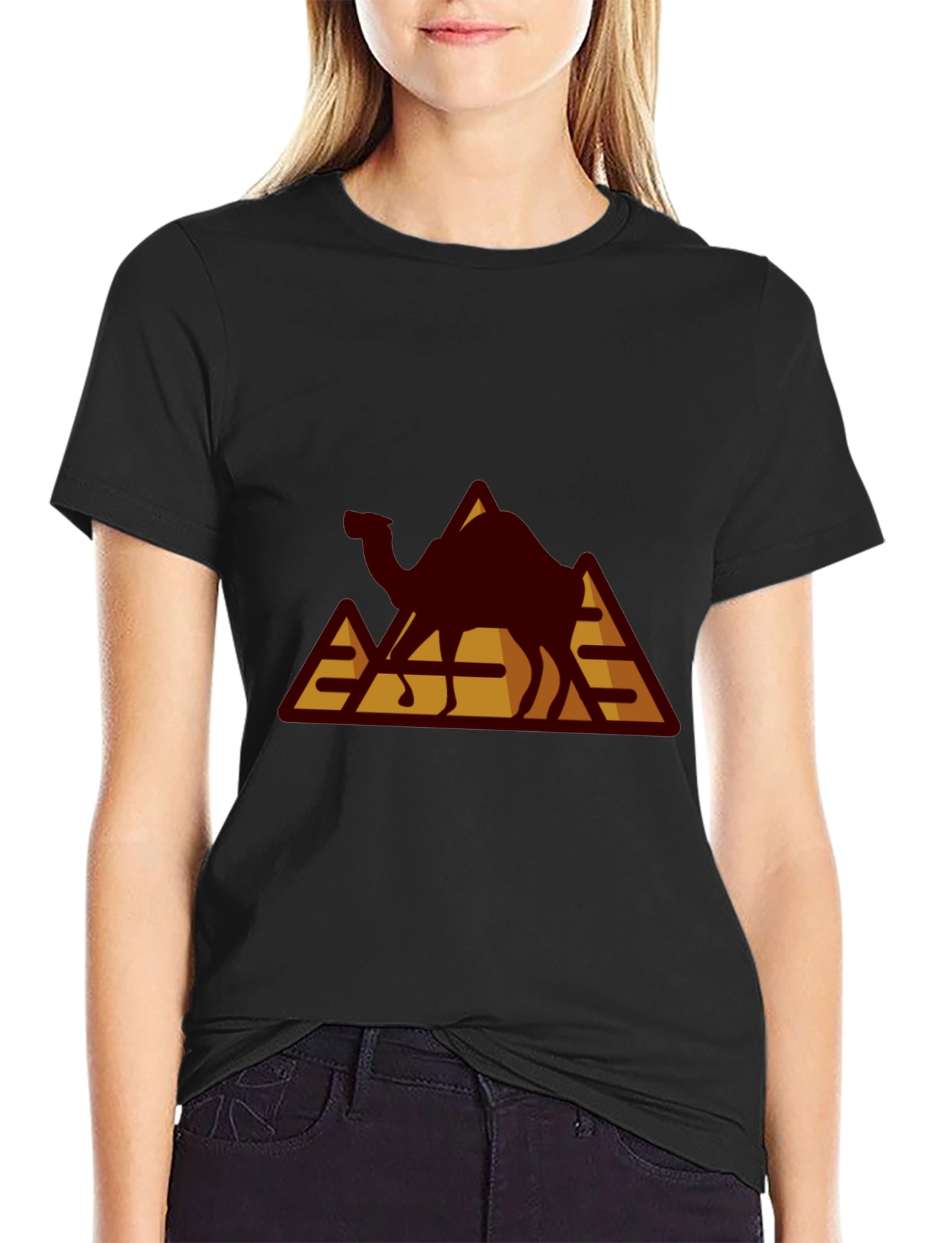Camel Pyramid Graphic Tee - Black Cotton T-Shirt