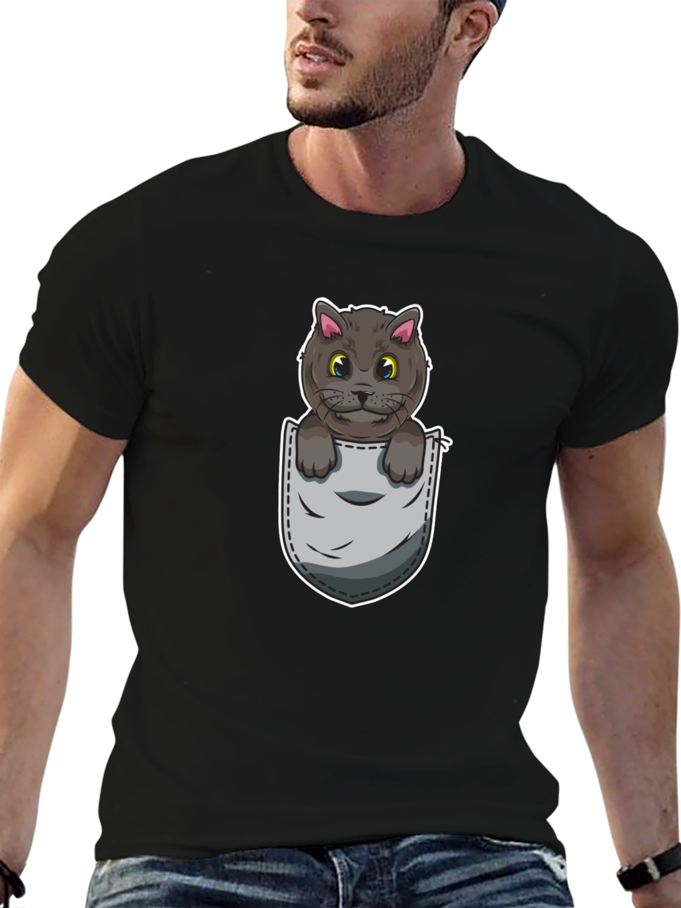 Cartoon Cat in Pocket Graphic Tee - Unisex