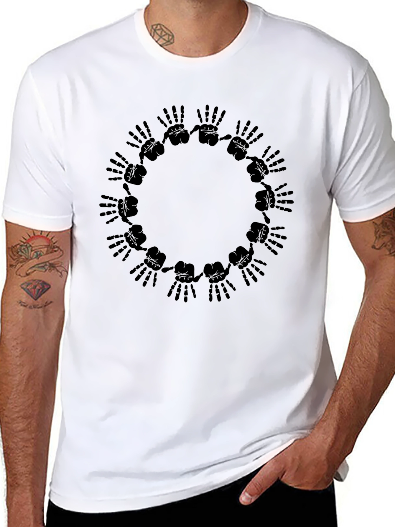 Graphic Black T-Shirt - Hands Circle Design