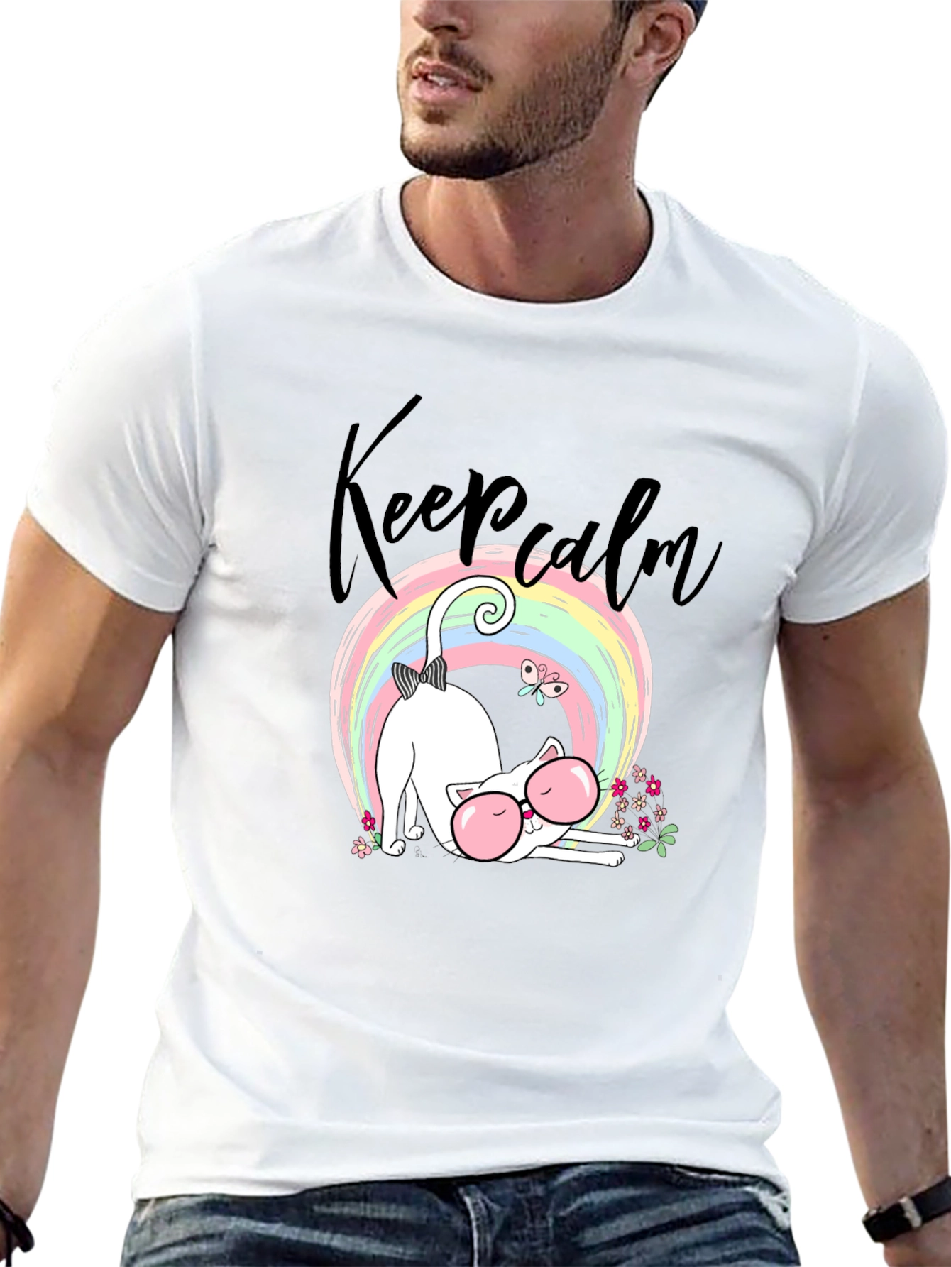Keep Calm Cat T-Shirt - Cute Rainbow Design