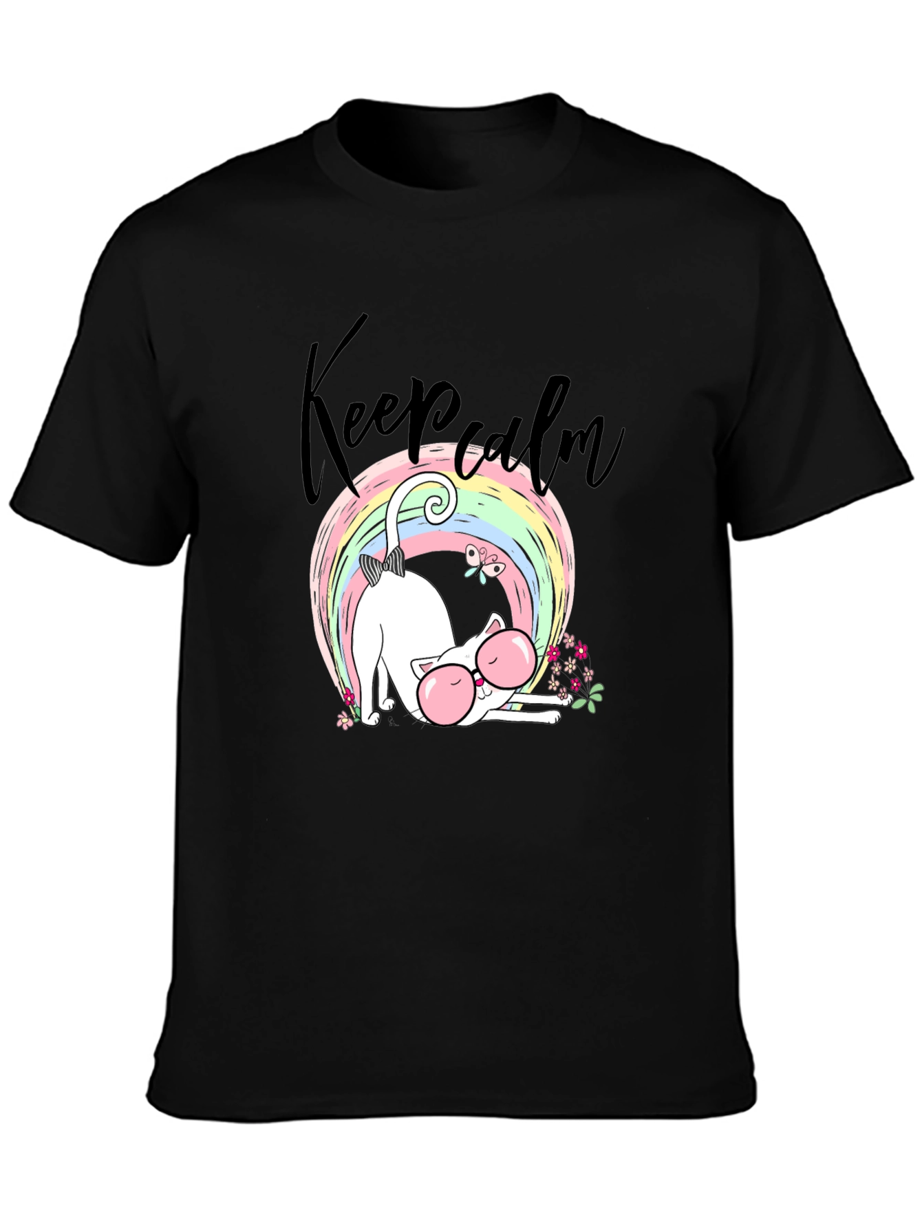 Keep Calm Cat T-Shirt - Cute Rainbow Design
