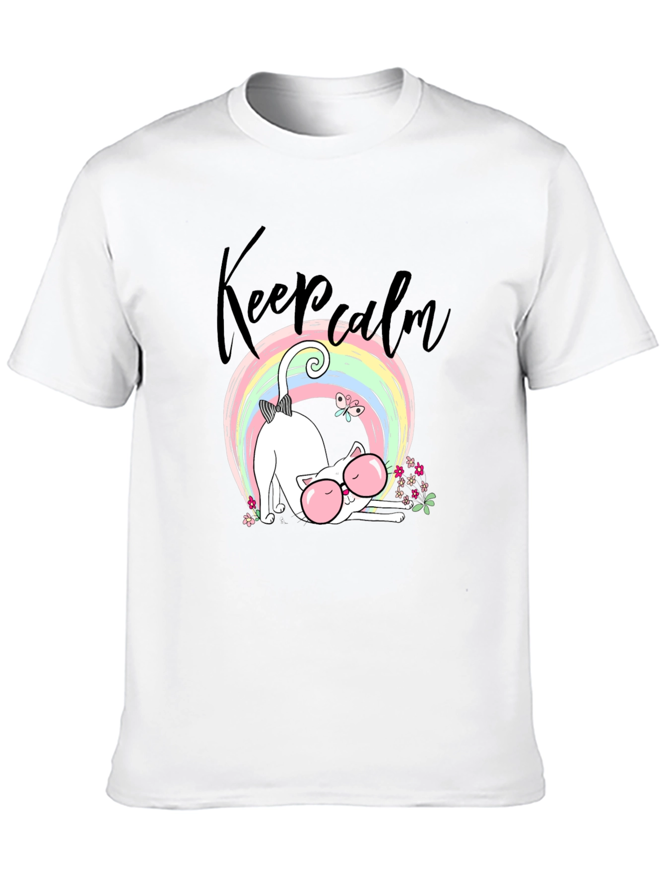 Keep Calm Cat T-Shirt - Cute Rainbow Design