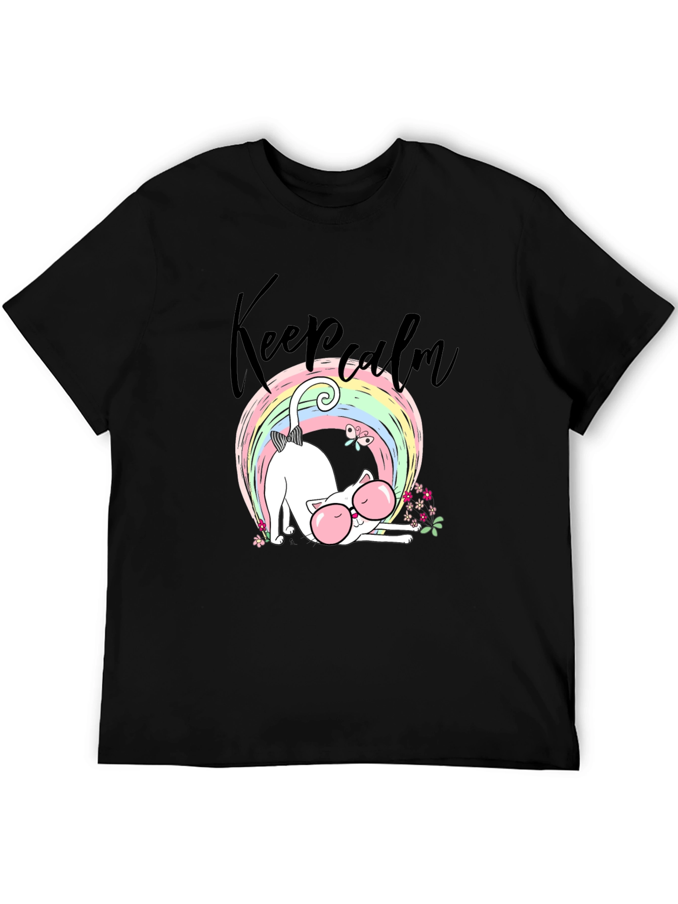 Keep Calm Cat T-Shirt - Cute Rainbow Design