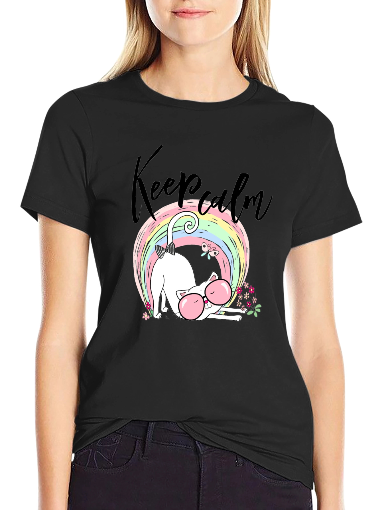 Keep Calm Cat T-Shirt - Cute Rainbow Design