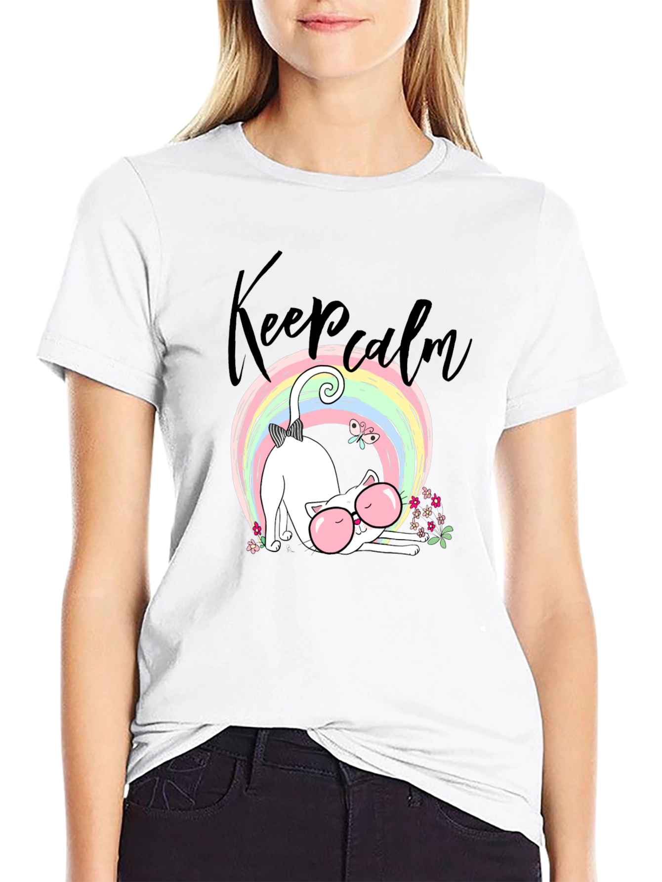 Keep Calm Cat T-Shirt - Cute Rainbow Design