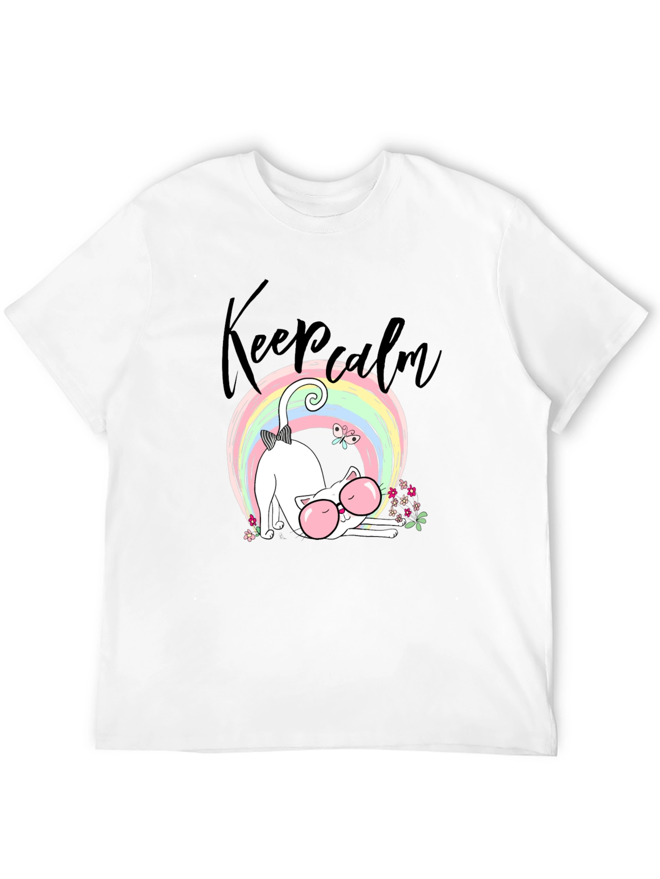 Keep Calm Cat T-Shirt - Cute Rainbow Design