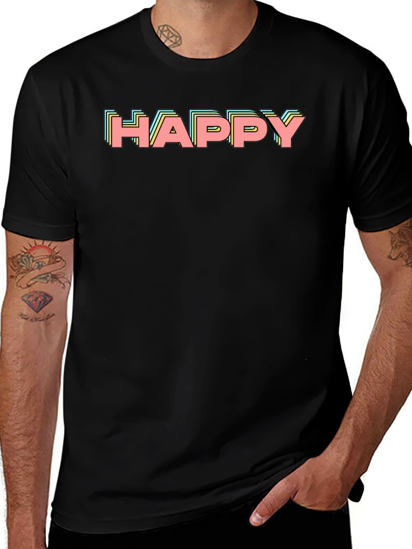 Happy Retro Graphic Print Black T-Shirt