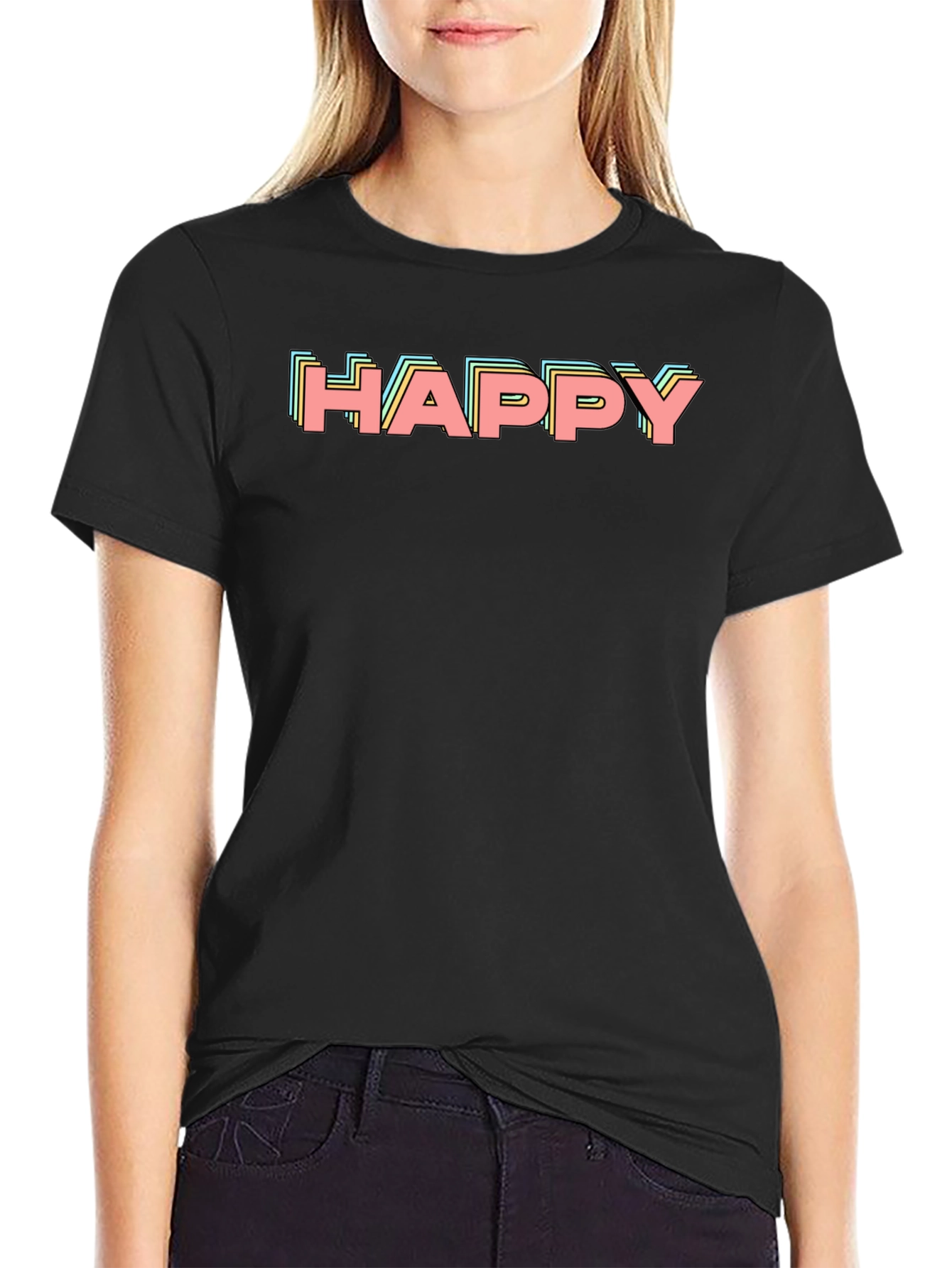 Happy Retro Graphic Print Black T-Shirt